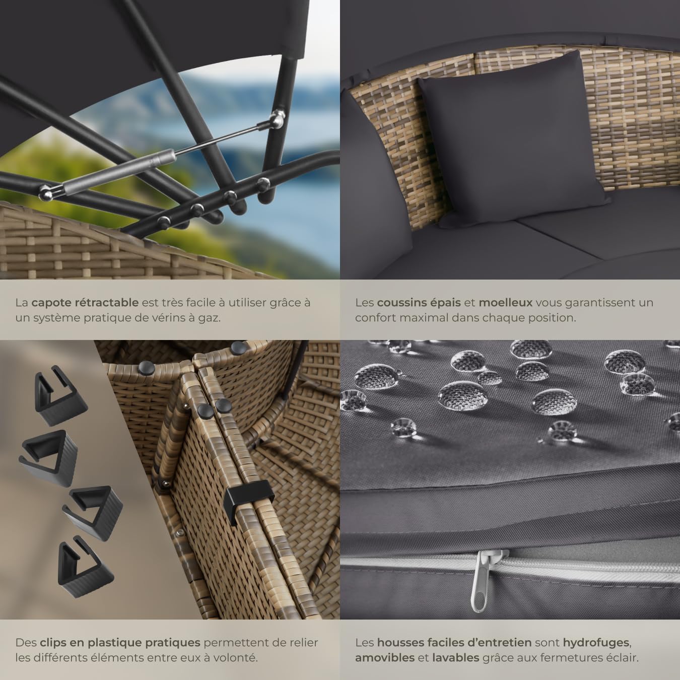 tectake - Bain de soleil modulable avec pare-soleil, coussins inclus, résine tressée, relax extérieur