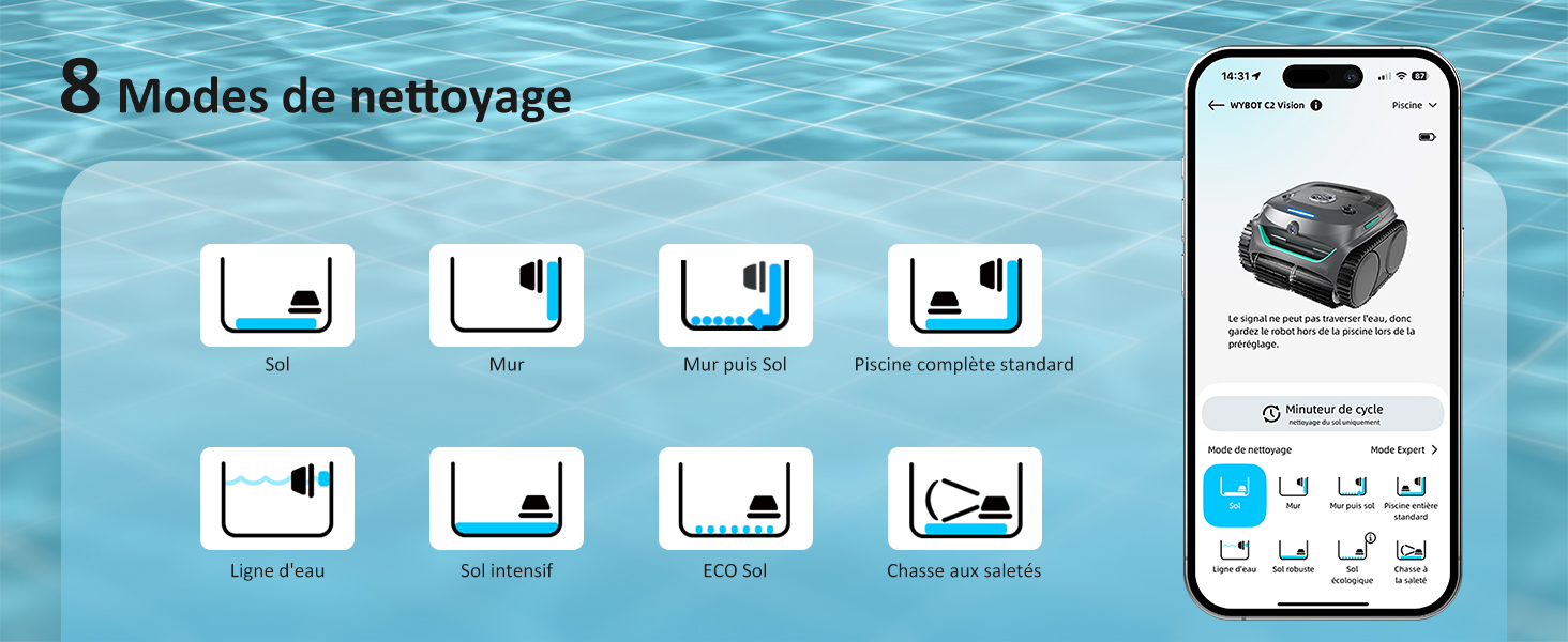 montrant 8 modes de nettoyage avec des icônes. Le smartphone affiche l'écran de contrôle de l'application pour l'appareil, sur fond d'eau bleue.