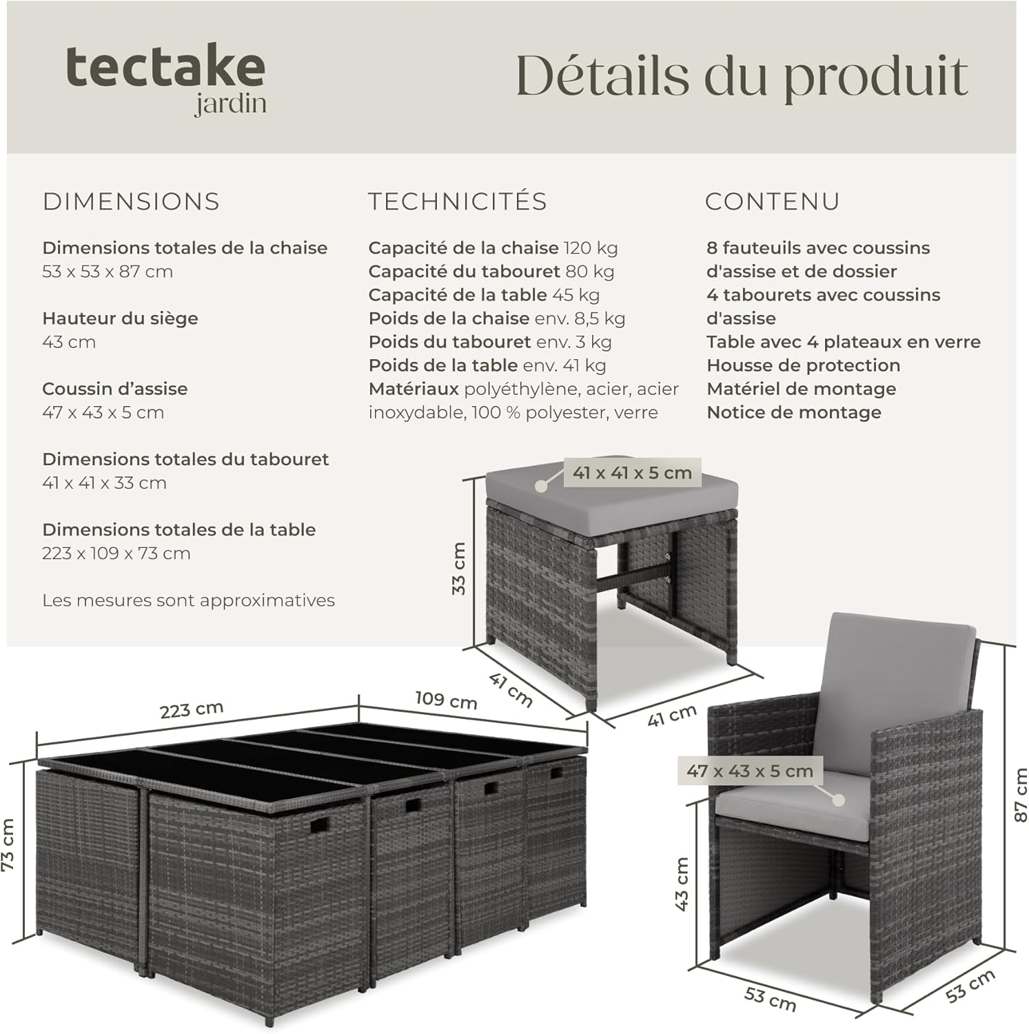 tectake - Salon Résine Tressée, 8 chaises, 4 tabourets, table, gris