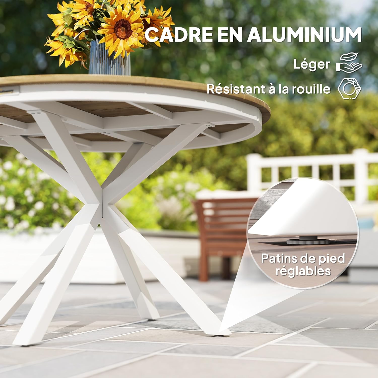 Outsunny - table ronde de jardin ø118 cm - aluminium, effet bois, pieds réglables