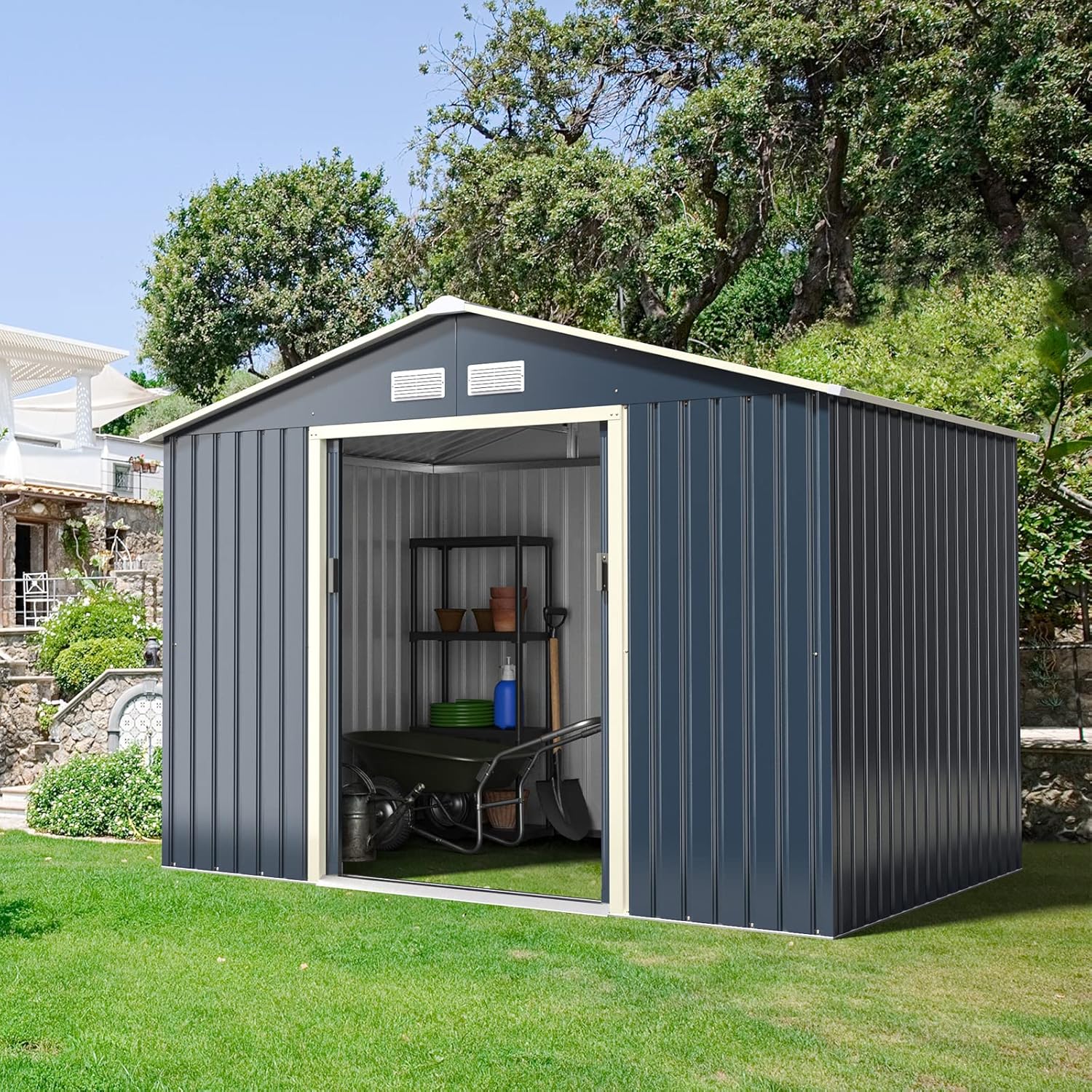 COSTWAY Abri de Jardin en Métal 5.2㎡ avec 2 Portes Coulissantes Verrouillables, Cabane Jardin Rangement 4 Trous d’Aération Toit Penché, pour Vélo, Poubelle, Gris (277,5 x 191 x 202,5cm)