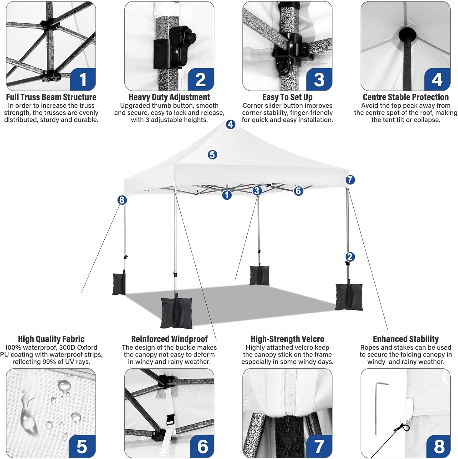 COBIZI - Tonnelle pliante série extérieure - 3x3m - étanche, stable, UV50+, 3 hauteurs, 4 panneaux, sacs de sable