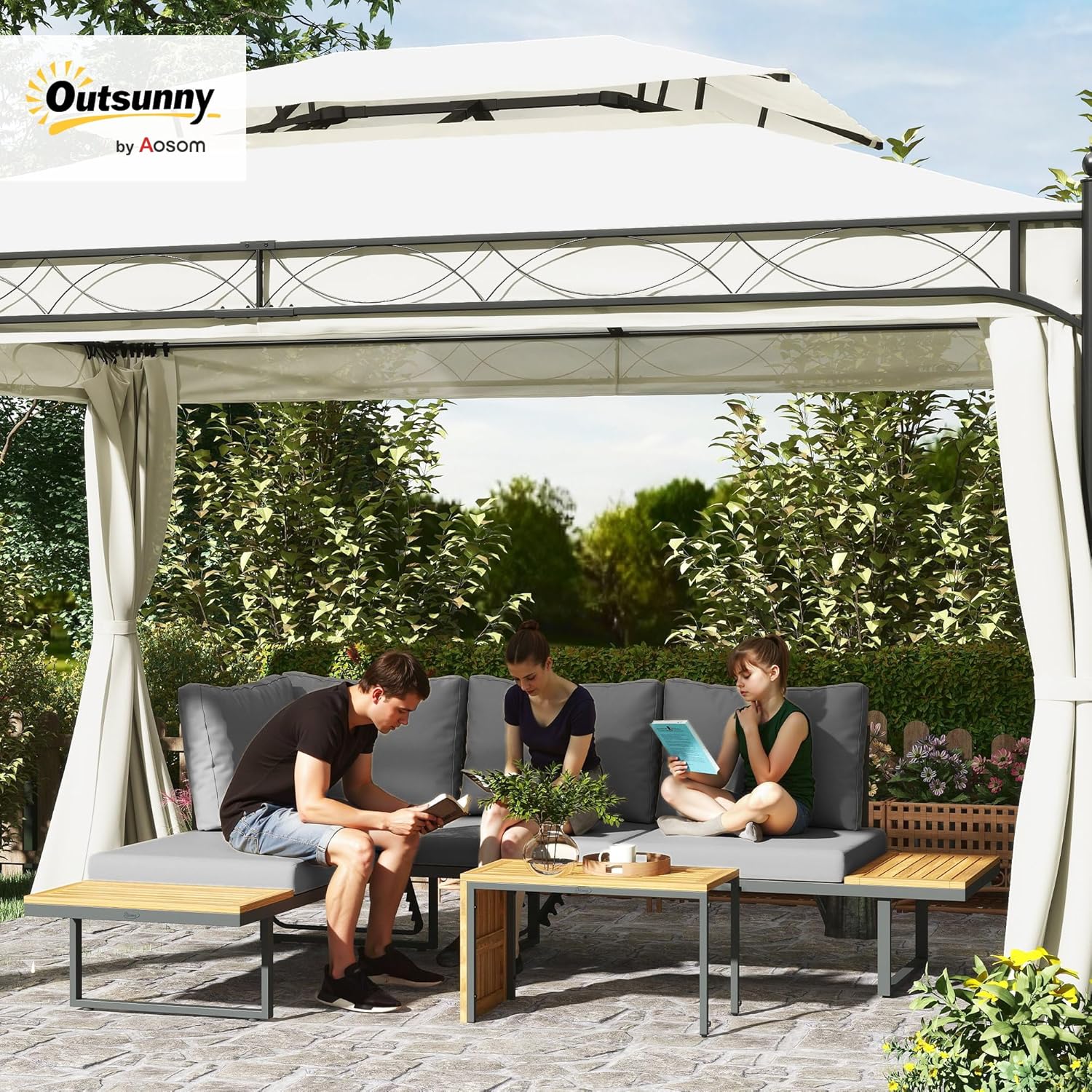 Outsunny - salon de jardin bois acacia 6 places modulable - coussins, dossier ajustable, gris