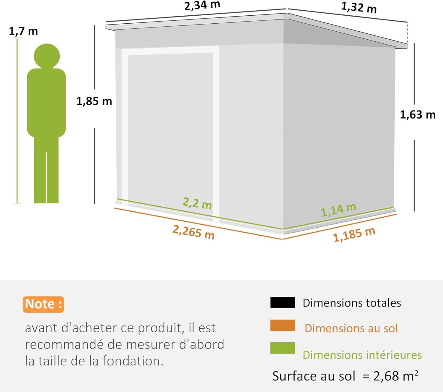 Outsunny - Abri de jardin métal - 234x132x185 cm - triple porte, toit incliné, aérations