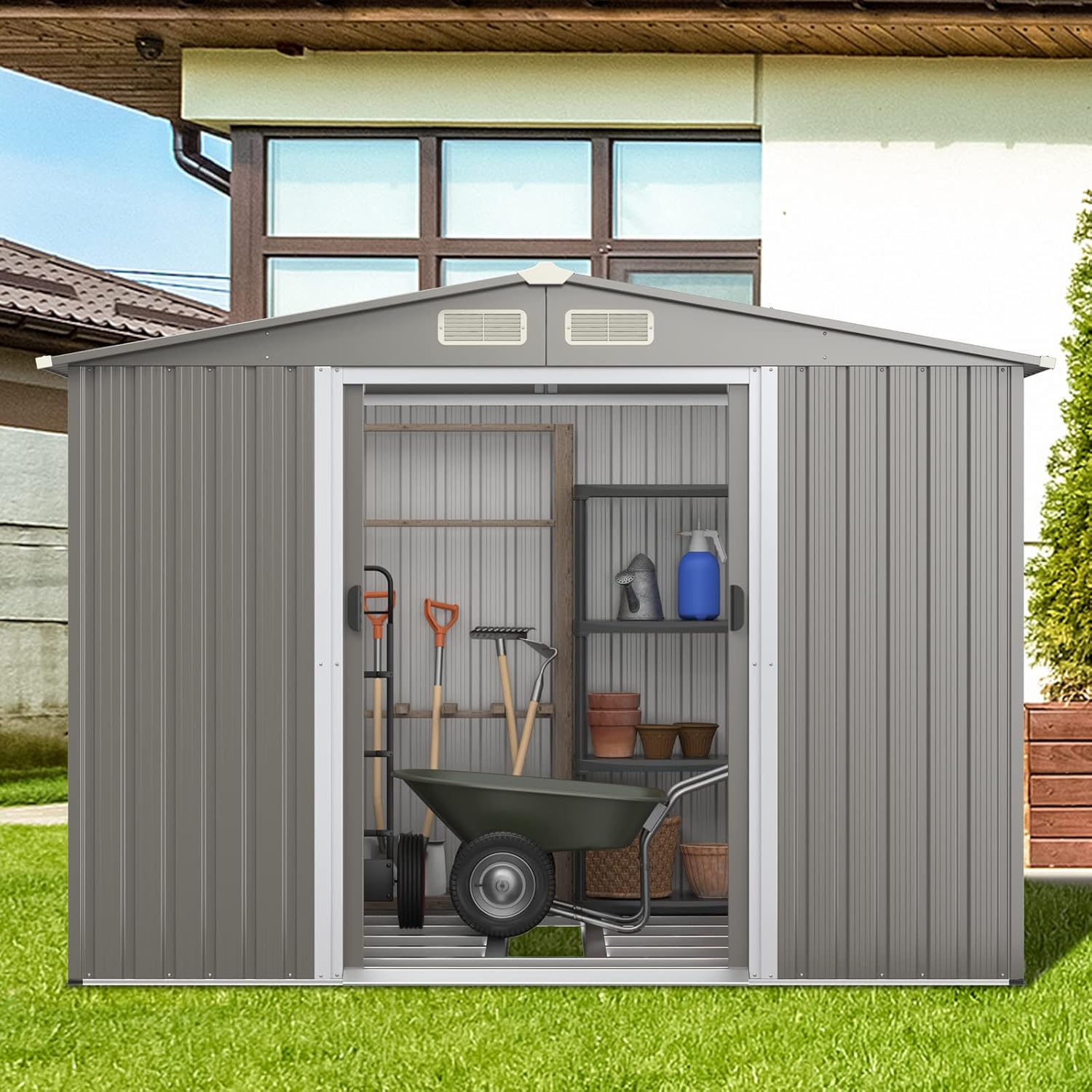 COSTWAY Abri de Jardin 4.7㎡en Acier Galvanisé Anti-UV, 260 x 207 x 181 CM, Cabane de Jardin Exterieur 9.7 m³ avec Fondation et Porte Coulissante, Rampe, 4 Trous d’Aération, 4 Gants Inclus, Gris