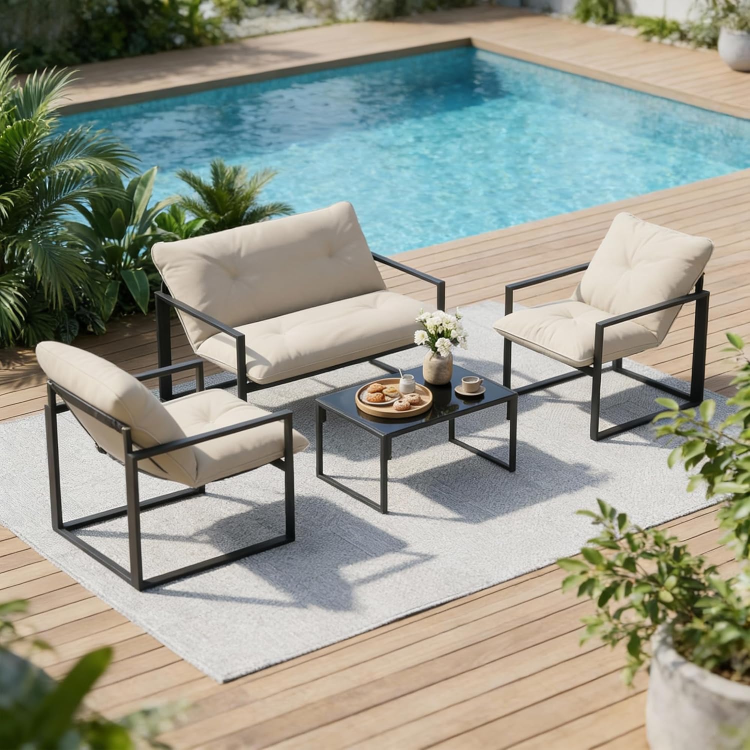 Outsunny - Salon de jardin 4p avec coussins 15cm - acier noir, canapé 2 places, table basse, fauteuils