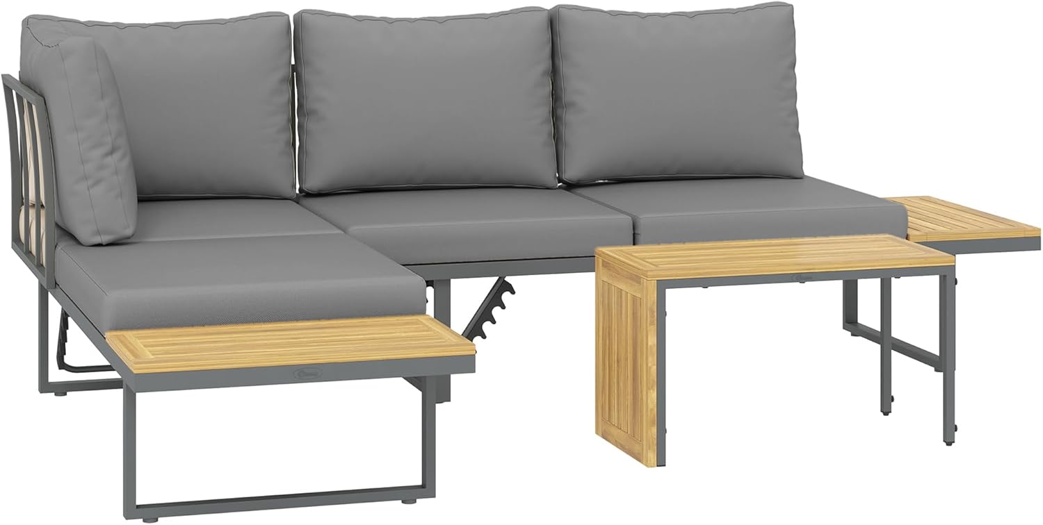 Outsunny - salon de jardin bois acacia 6 places modulable - coussins, dossier ajustable, gris