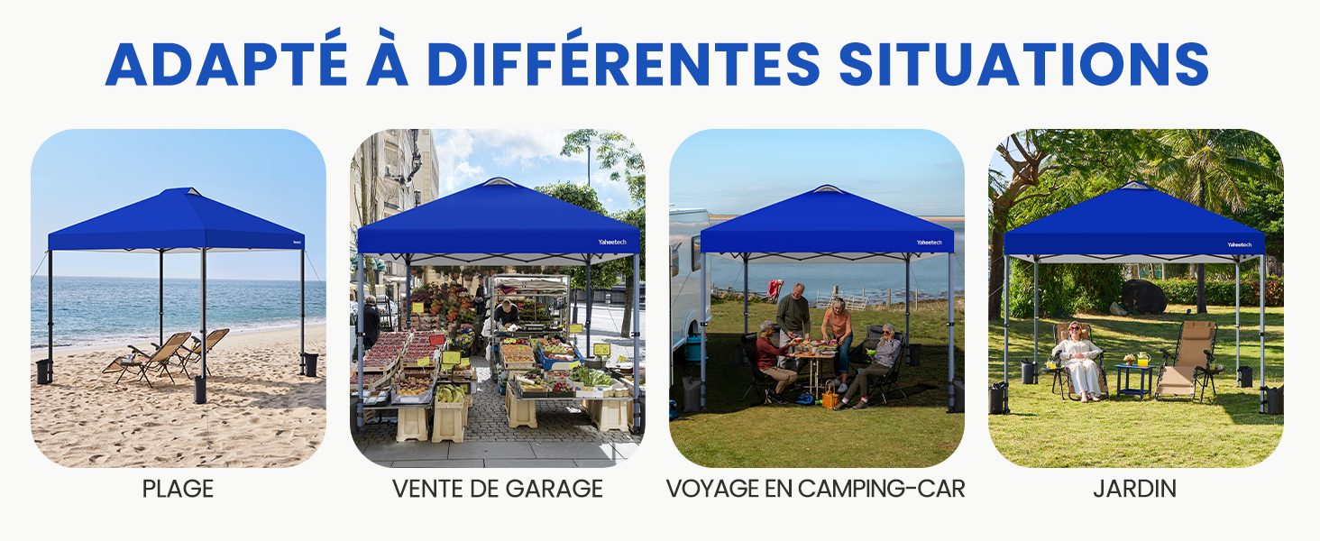 Collage de quatre images montrant une tente à baldaquin escamotable bleue dans divers décors extérieurs : plage, vide-grenier, camping et jardin. Le texte met en évidence une utilisation polyvalente.