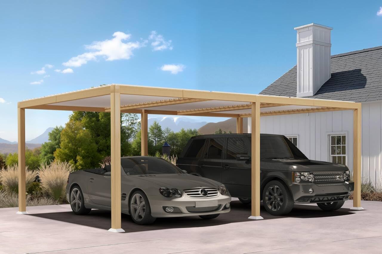 PURPLE LEAF - Pergola Bioclimatique bois effet alu - 3,5x6,35m - lames orientables, imperméable, extérieur