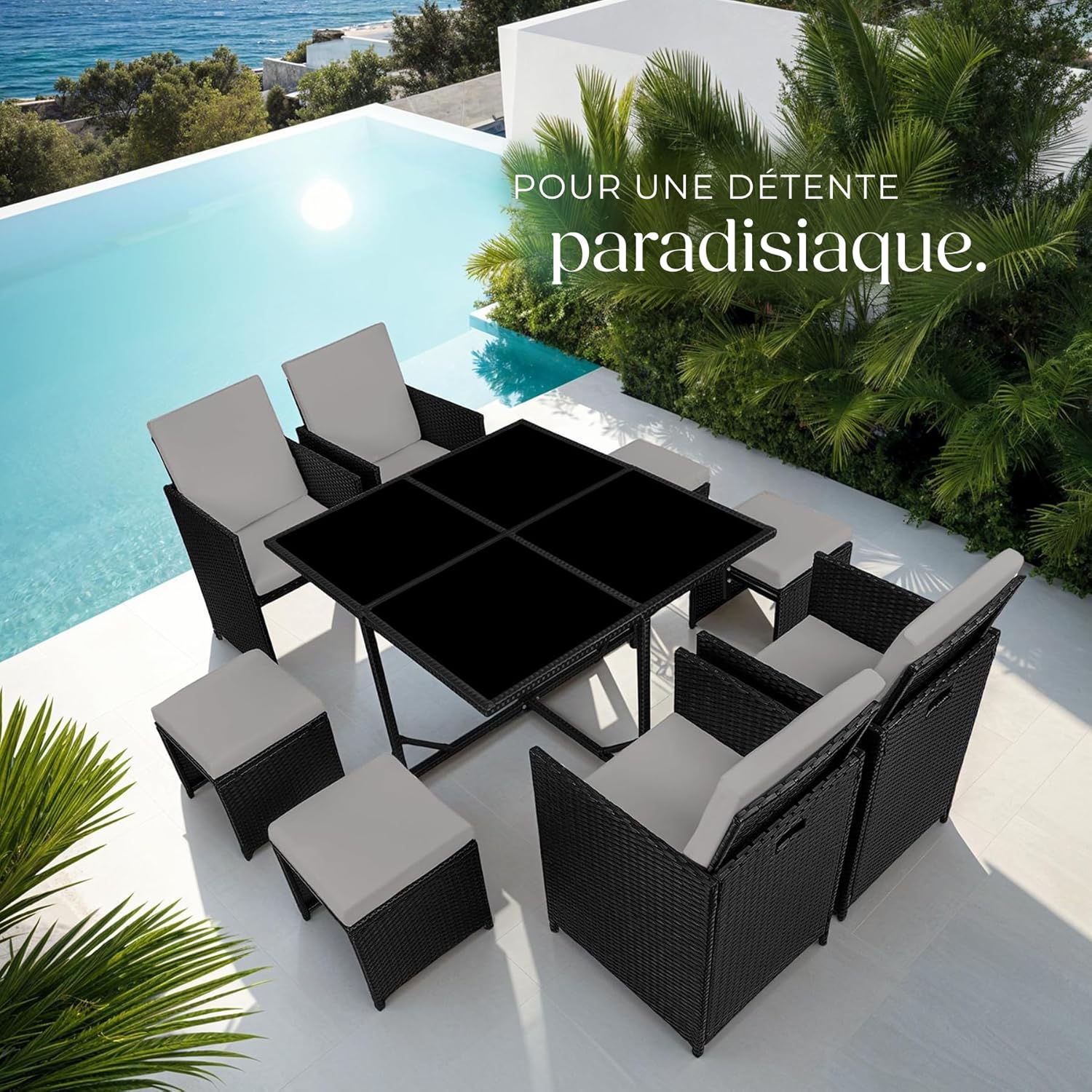 tectake - Salon de jardin Poly Rotin - table, 4 chaises, housse - dimensions compactes - NOIR/GRIS
