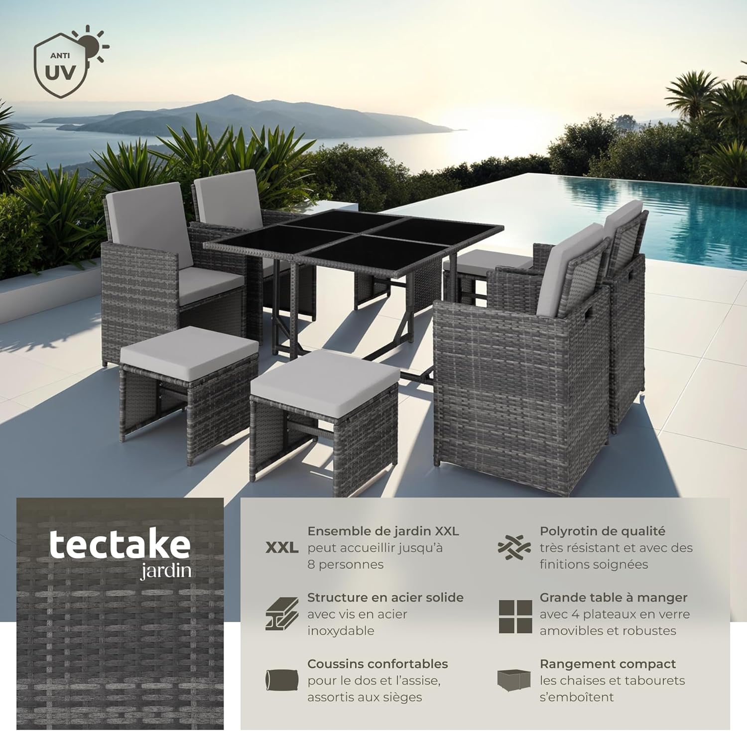tectake - Salon de jardin gris 4 chaises, 4 tabourets, housse, polyrotin
