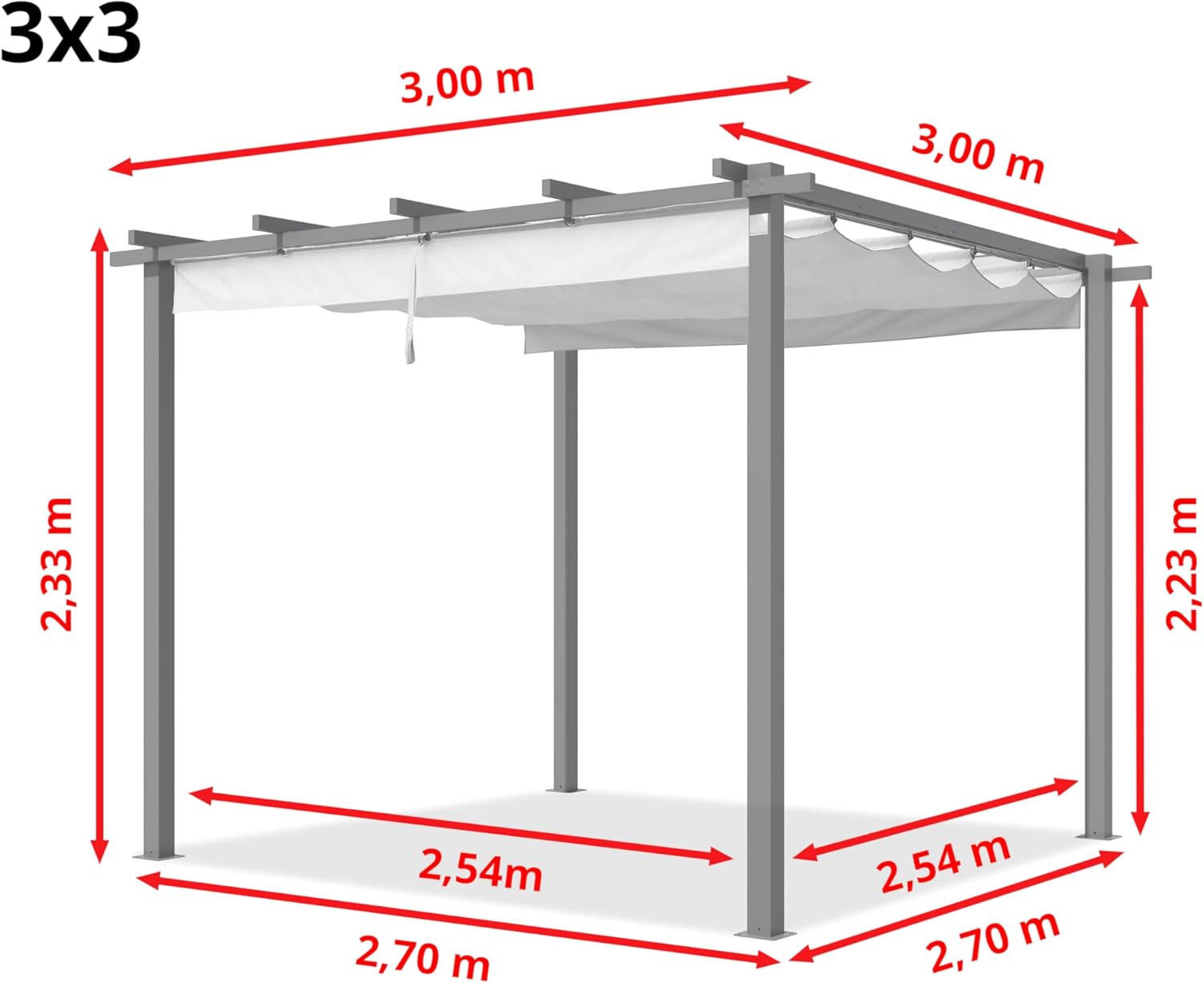 Primeyard - Pergola pavillon rétractable 3x3 m acier gris