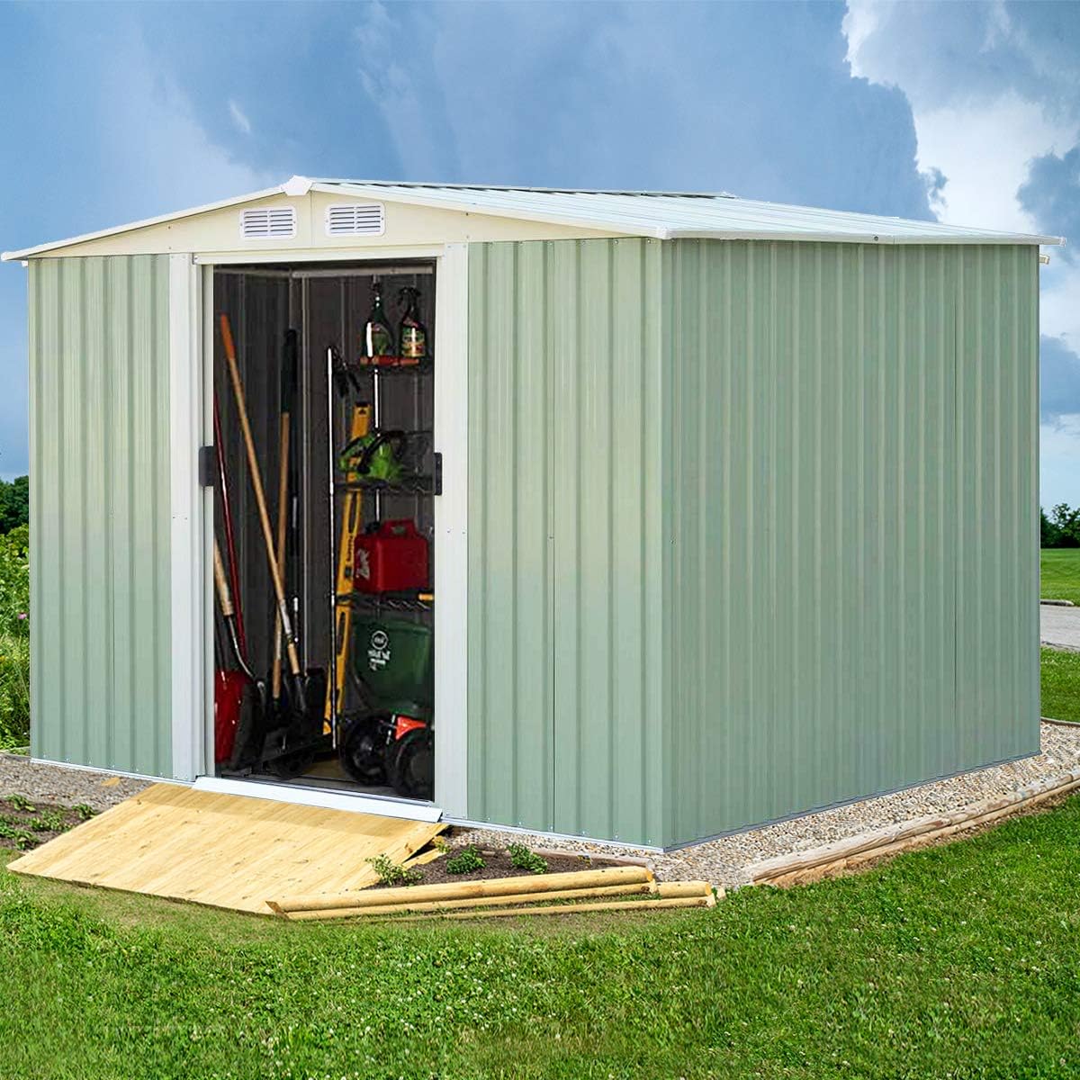 COSTWAY - Abri de Jardin Série Stockage - 205x257x175,5 cm - porte coulissante, toit galvanisé, aération