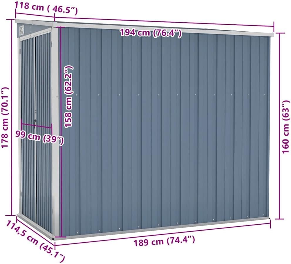 Générique Abri de Jardin Mural Gris 118x194x178 cm Acier galvanisé,Maison & Jardin, Pelouses & Jardins, Vie en extérieur, Structures extérieures, Cabanes & abris de Jardin, Gris (Poids 31.54KG)