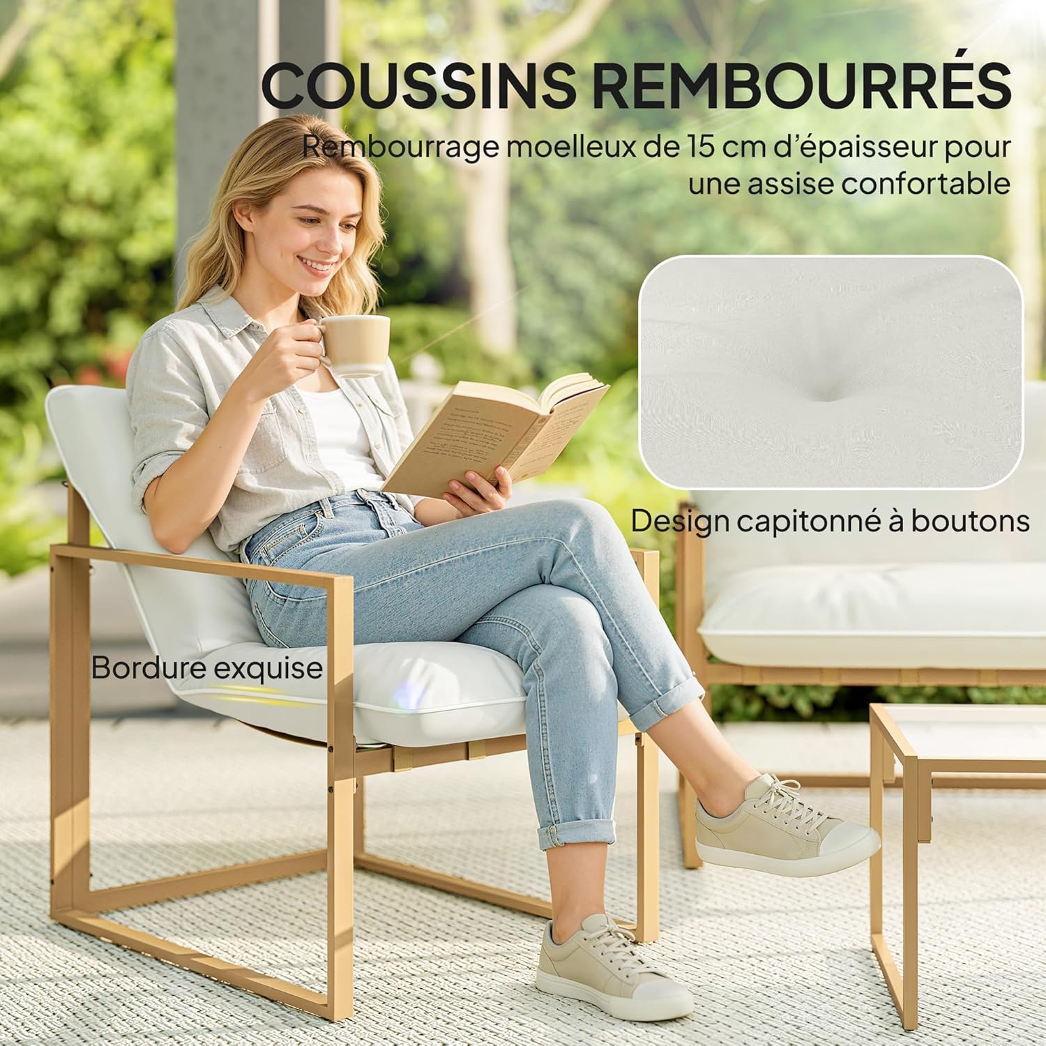 Outsunny - Salon de jardin 4 pcs - cadre acier, coussins 15cm épais