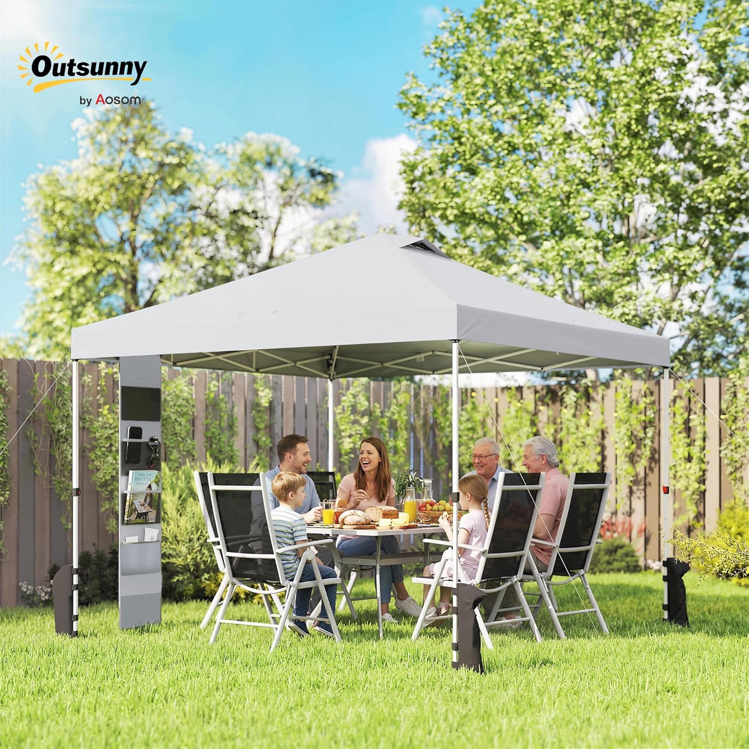 Outsunny Tonnelle de Jardin 3 x 3 m Pop up Tente Pliante Hauteur réglable Protection UV50+ tonnelle Pliante avec 5 Poches 4 Sacs de Sable Sac de Transport à roulettes Montage Facile à 1 Bouton Blanc