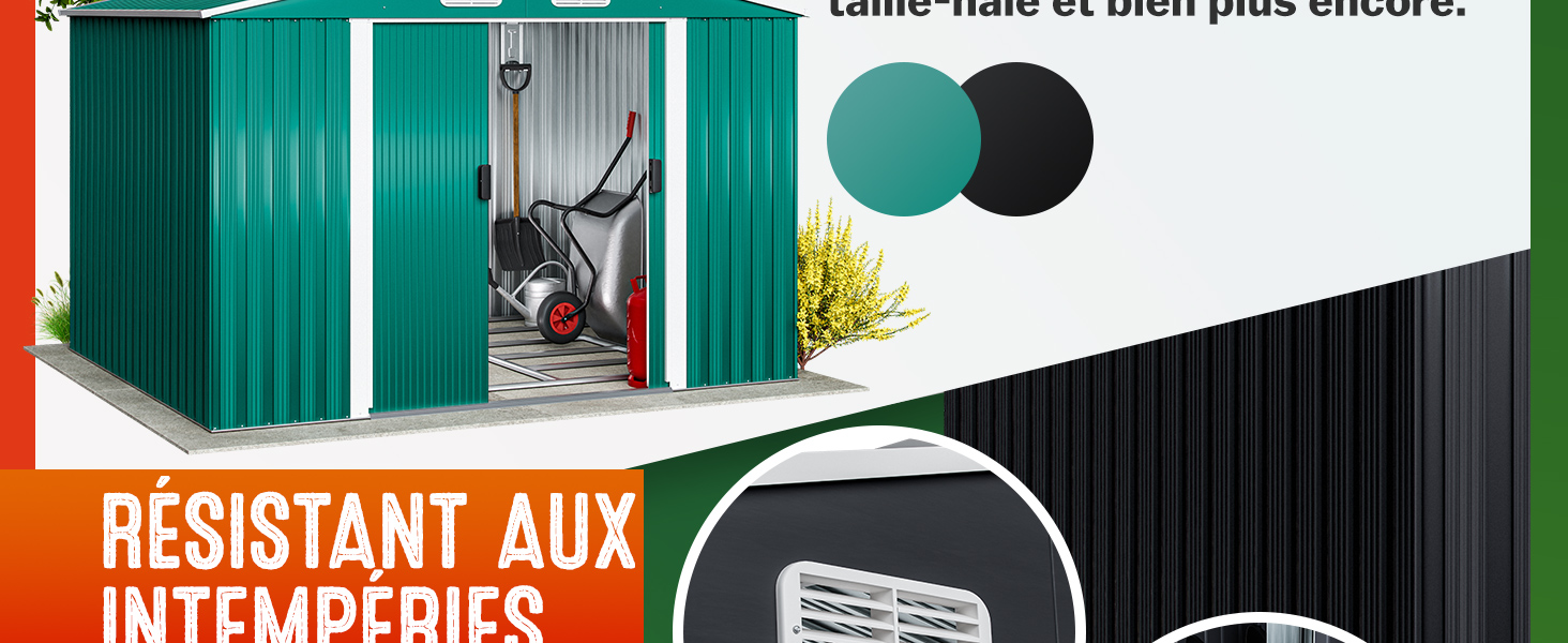 Écrans ou séparateurs d'intimité extérieurs. L'image montre les options de couleur verte et noire. Le texte indique que le produit est résistant aux intempéries