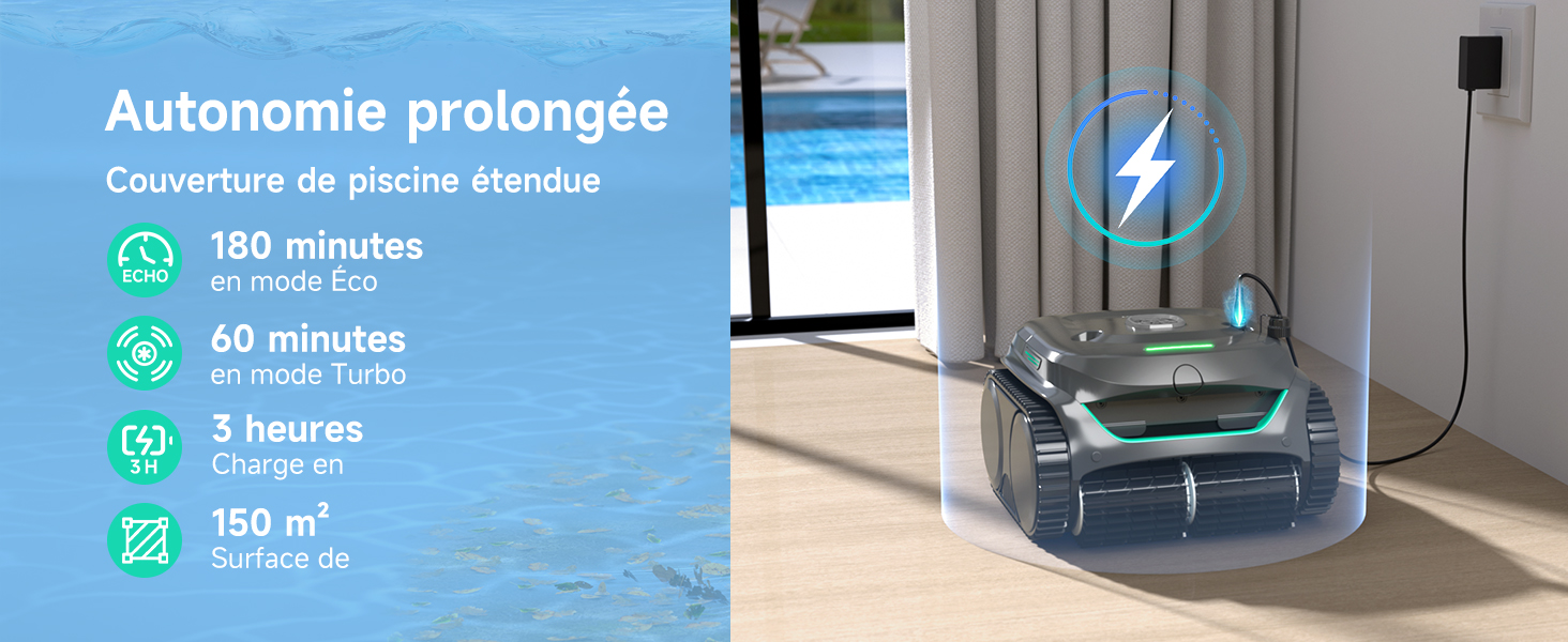 avec couvercle en forme de dôme transparent. Les caractéristiques incluent une autonomie de 180 minutes, un mode turbo de 60 minutes, un temps de charge de 3 heures et une zone de couverture de 150 m². Présenté dans un cadre intérieur moderne près de la piscine.