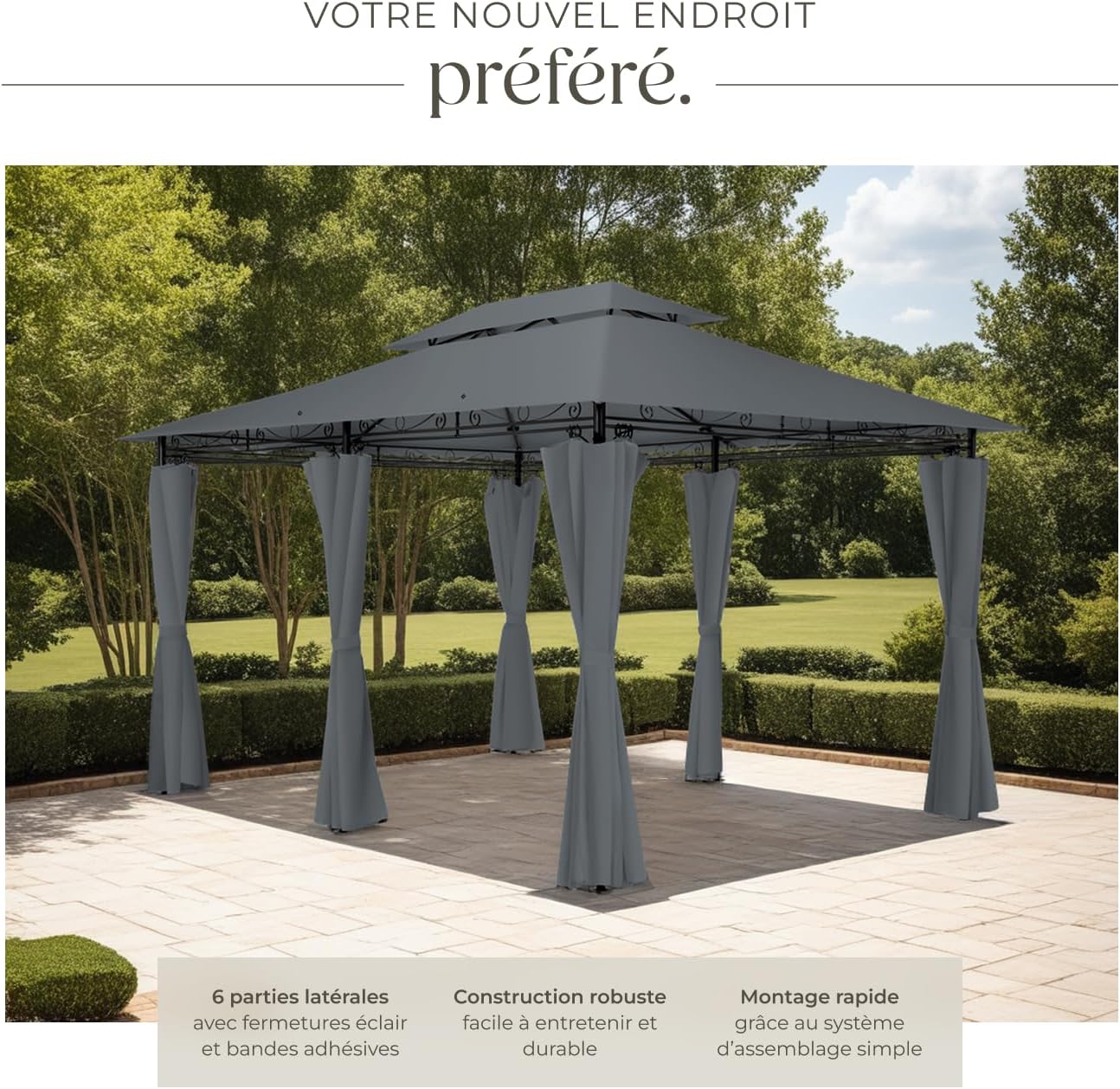 tectake - tonnelle de jardin 4x3m - acier epoxy, imperméable, rideaux, UV50+