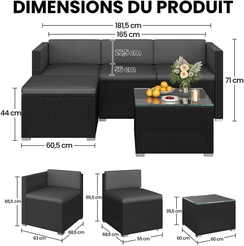 Yaheetech - salon de jardin 4 personnes, polyrotin, modulable, 5 pièces