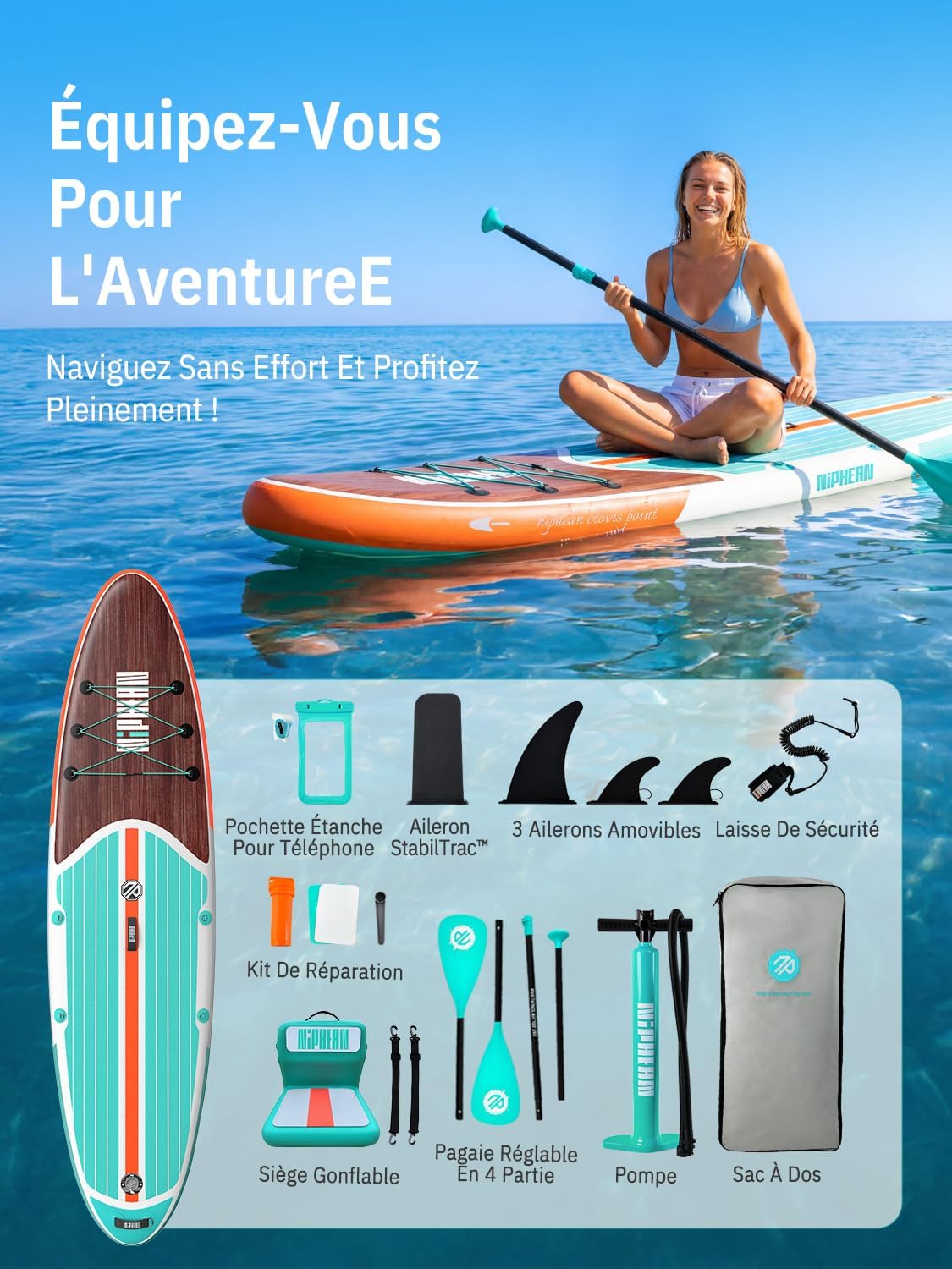 Niphean Paddle Gonflable Adulte avec Tous Les Accessoires, 320cm Planches de Stand Up Paddle Gonflables pour Tous Les Niveaux, Sup avec Capacité 200 kg pour 2 Personnes, Paddle Gonflable avec Siège
