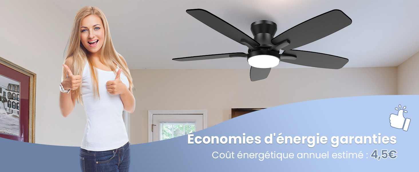 à cinq pales et luminaire intégré. La superposition de texte mentionne les économies d'énergie avec un coût énergétique annuel estimé à 4,5€