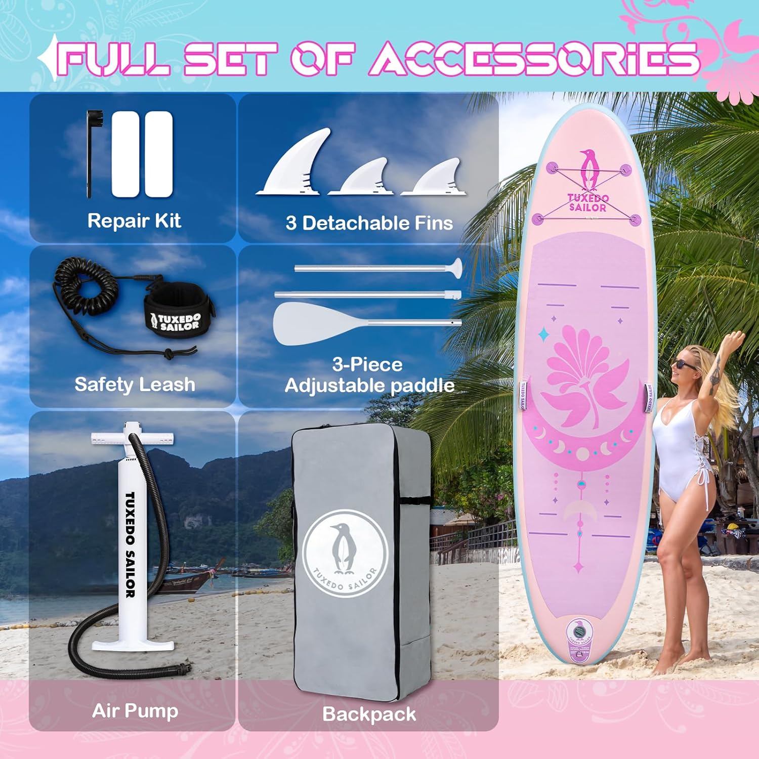 Tuxedo Sailor - Paddle Gonflable Adulte - planche SUP - accessoires complets - dimensions standards