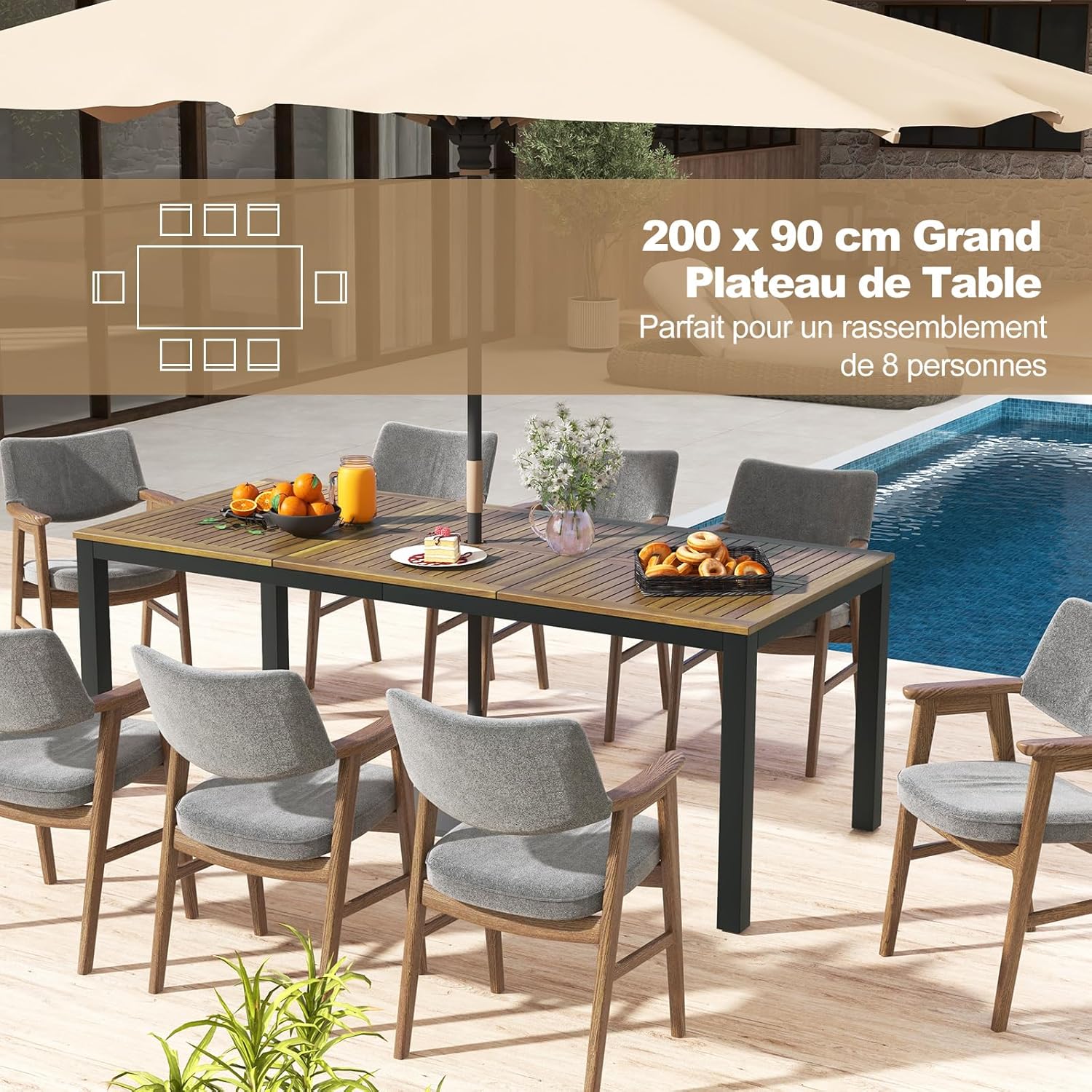 Costway - Table de jardin rectangulaire 200 cm, bois acacia, 8 pers, trou parasol, pieds métal
