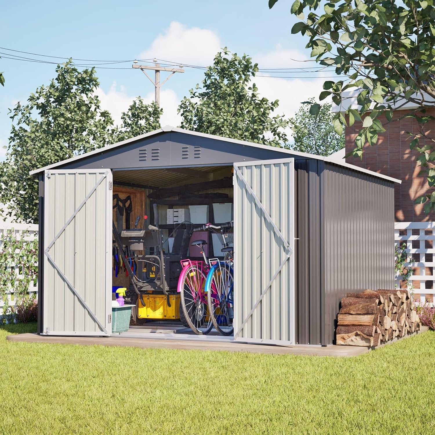 KOMHTOM 10x8 FT Abri de Jardin Métal avec Fondations en métal, Cabane de Jardin Extérieur avec Serrure, Rangement Outils de Jardi (Gris-10x8 FT)