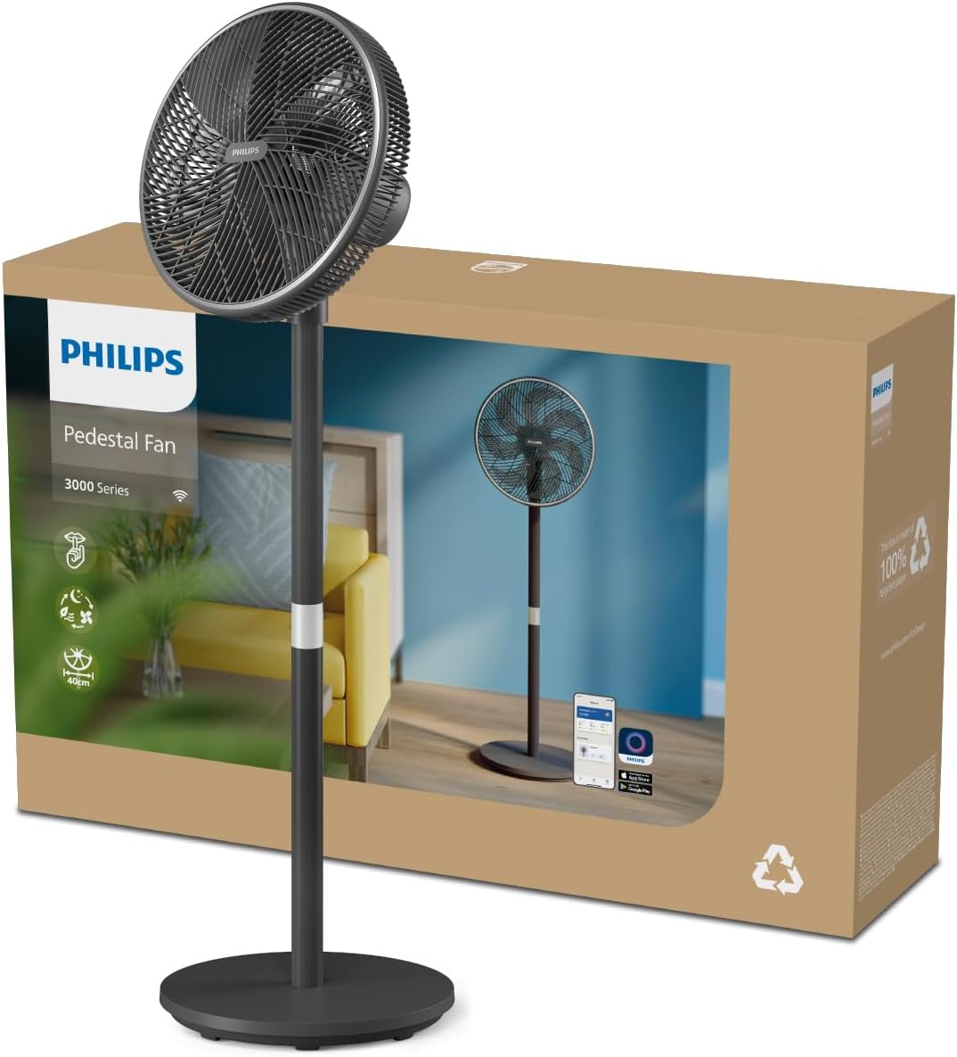 Philips Ventilateur sur pied Série 3000. Puissant et ultra-silencieux. Technologie SilentWings. 19 dB. Ventilateur de Table/sur Pied. Inclinable et Rotatif. Contrôle par App. Noir (CX3550/01)