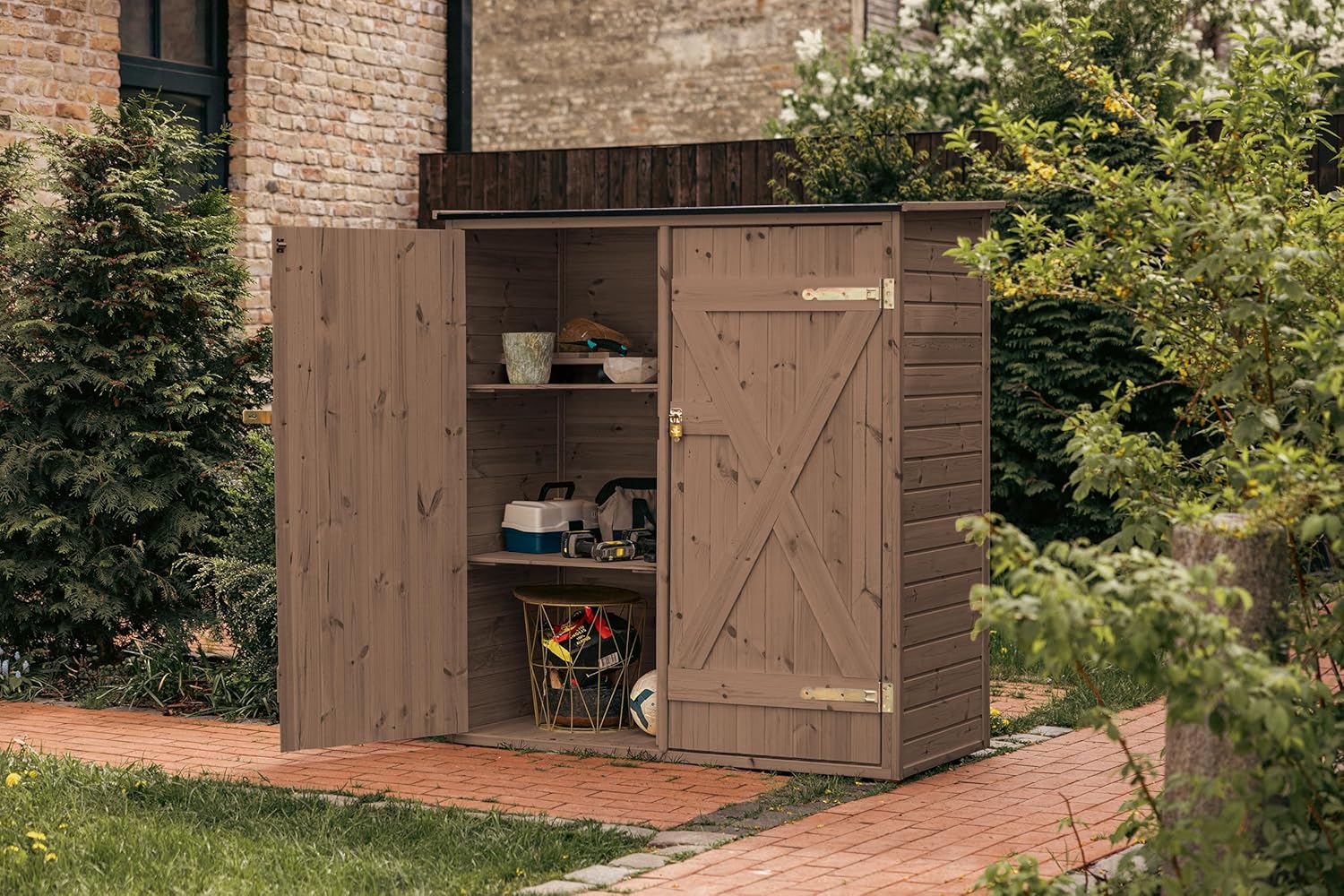 Upyard Abri de Jardin en Bois Naturel - Cabine de Rangement Extérieur - Cabane à Outils avec Système D'étagères 149x78x164 cm, Imprégné