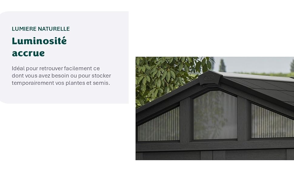 Le texte indique « Luminosité accrue ». Photos architecturales extérieures montrant des bâtiments industriels ou de style entrepôt avec une toiture métallique.