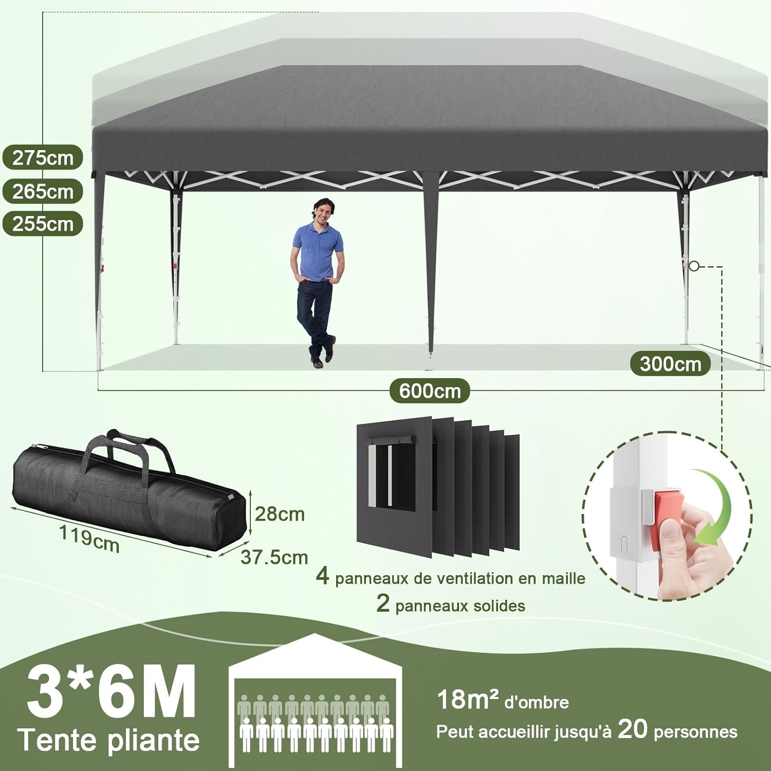 Devoko - tonnelle pliante série gris - 3x6m - imperméable, protection UV 50+, fenêtres moustiquaires