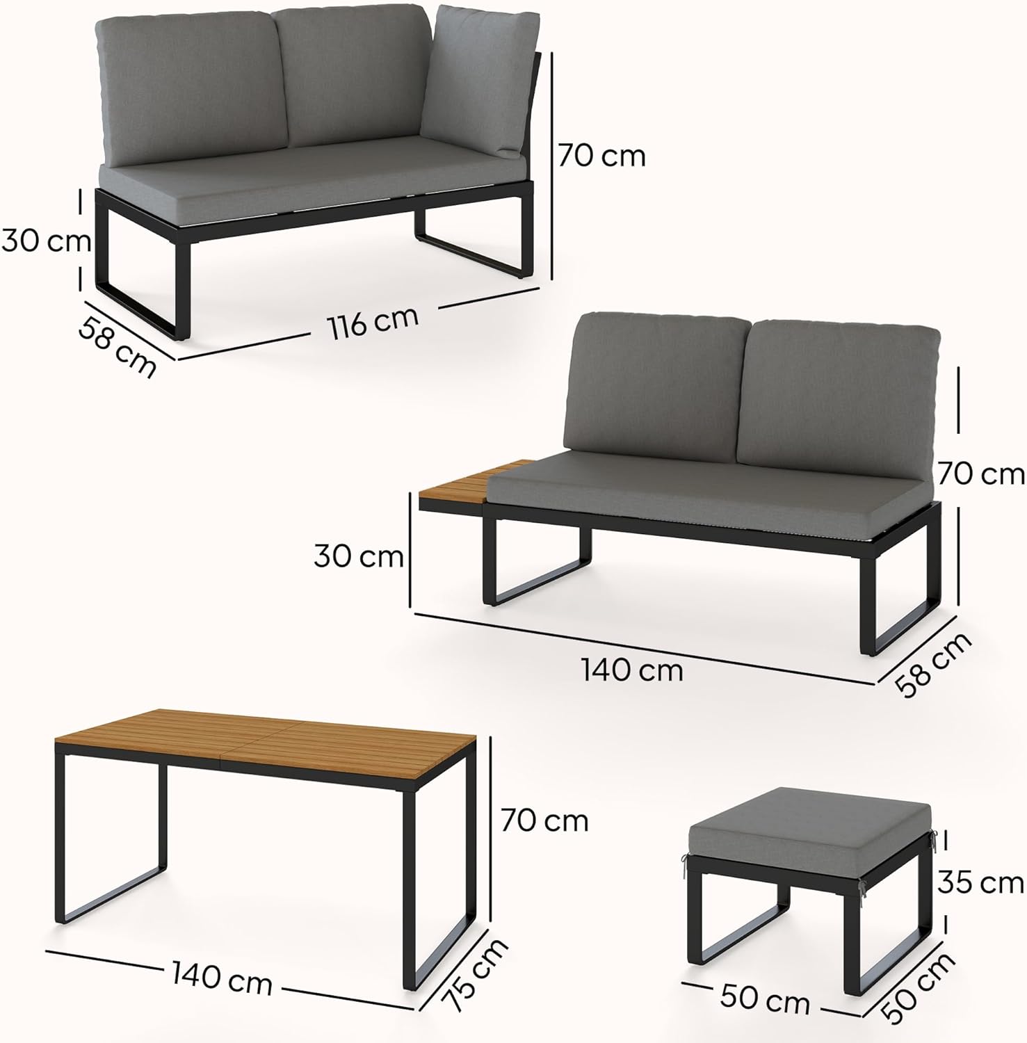 Salon de Jardin Outsunny - 6-8 pers - Ensemble aluminium, table haute, canapé d'angle, table bois composite, gris - OJ-6