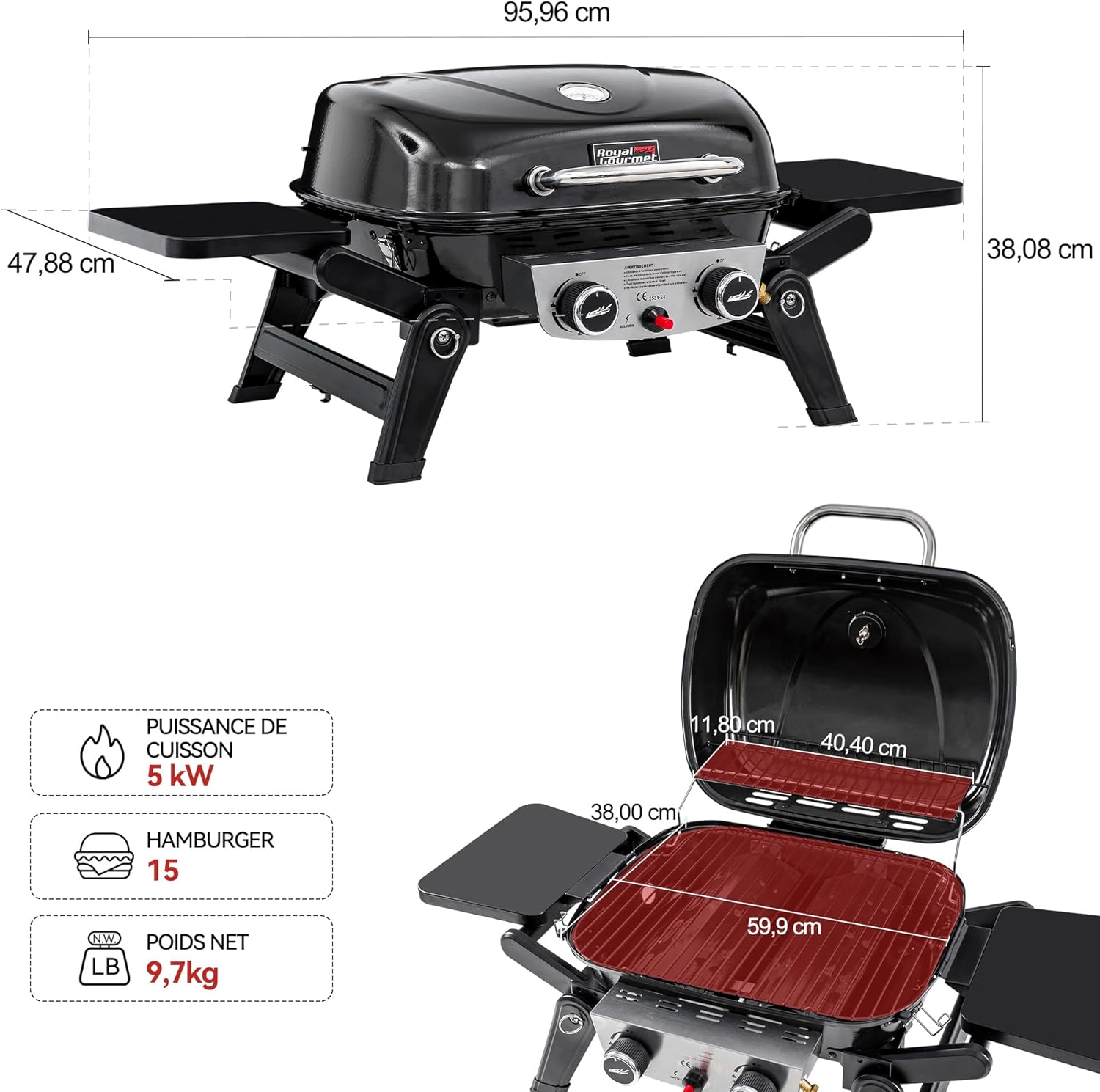 Royal Gourmet - Barbecue Gaz 2 brûleurs - 48x37 cm - tables pliables, 5kW