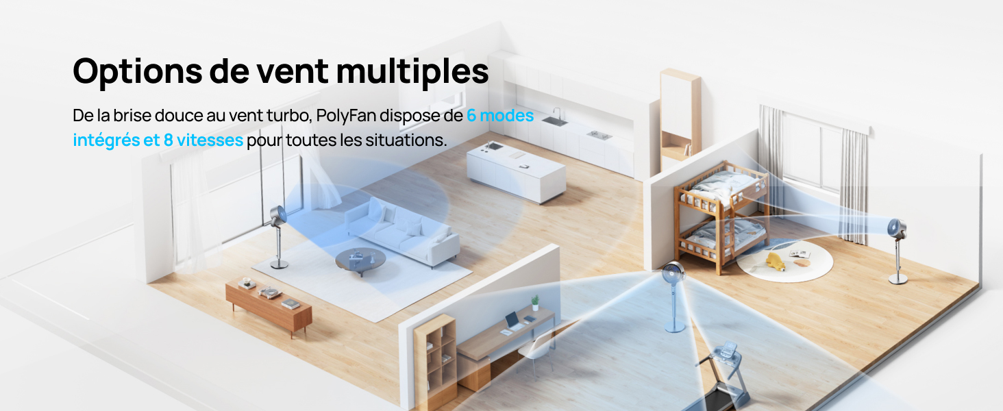 montrant plusieurs options de ventilation dans une maison. Diverses pièces sont représentées par des modèles de circulation d'air illustrés par des flèches bleues.