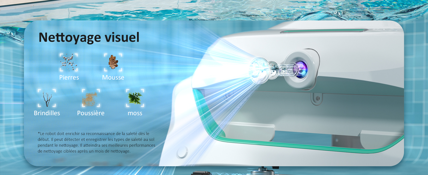 Appareil électronique blanc avec objectif de projecteur émettant de la lumière bleue. Fond sous-marin avec icônes illustrant les fonctions de nettoyage : neige, eau, pluie, poussière et insectes