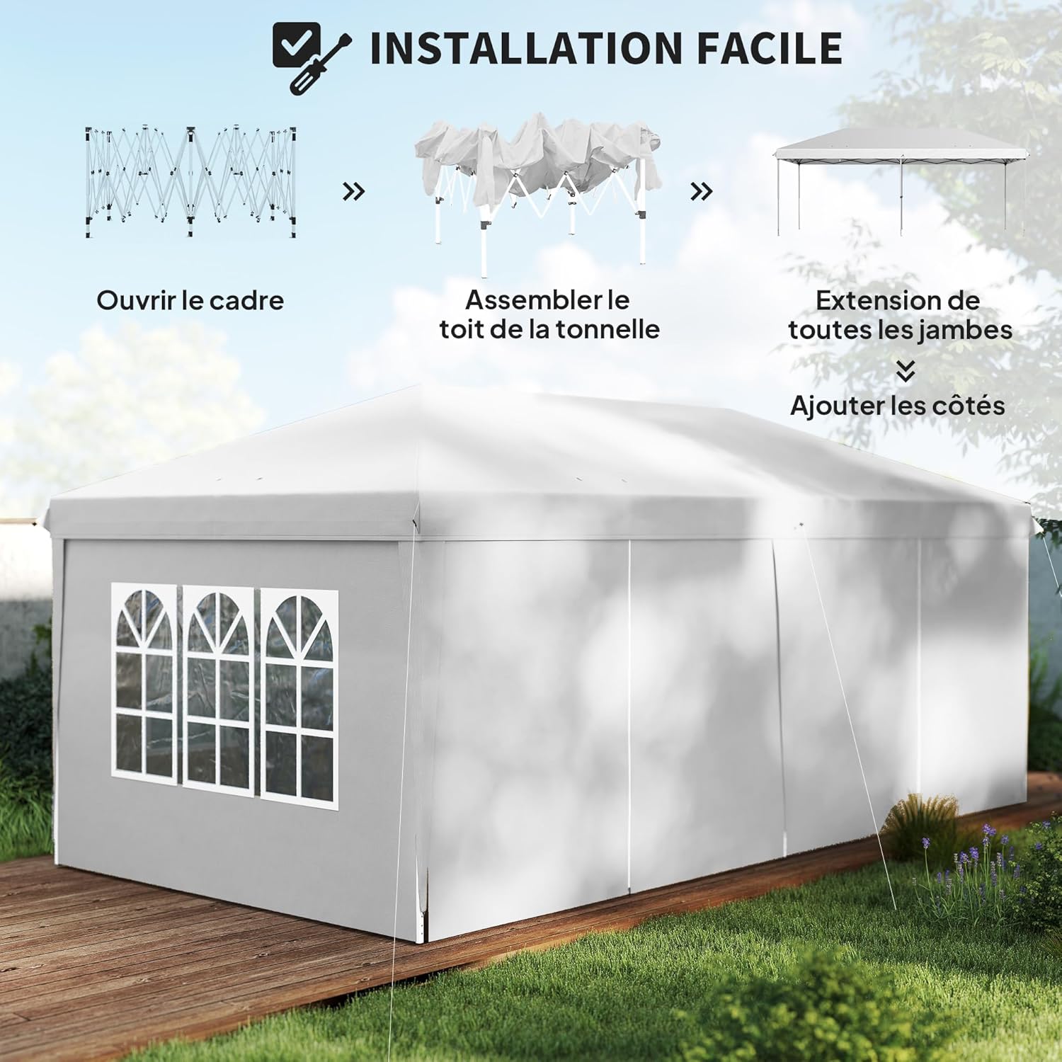 Outsunny Tonnelle de Jardin 3x6m Barnum Pliant avec Côtés Amovibles - Tente de Réception Structure en Acier Renforcée - Abri de Jardin Pop-up pour Mariage, Fête et Marché, Sac de Transport, Blanc