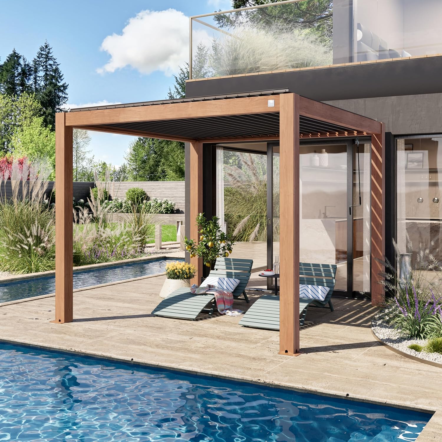 PRIMEYARD - Pergola série aspect bois, 3x3m, lames alu orientables