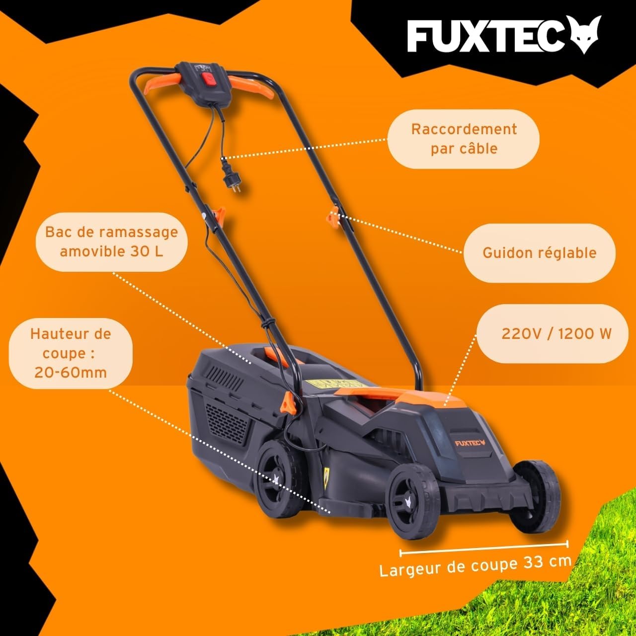 FUXTEC - FX-RME33 - 33cm coupe, 30L bac, 1200W, hauteur 20-60mm FX-RME33
