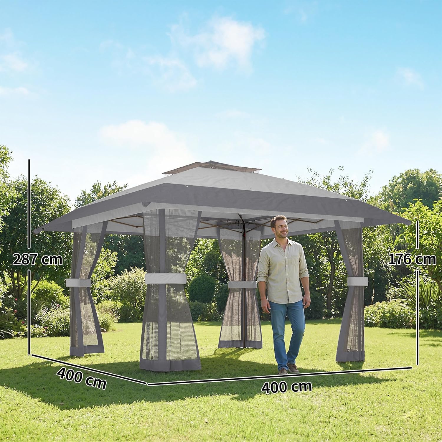 Outsunny Tonnelle de Jardin 4 x 4 m Pop up Tente Pliante réglable en Hauteur Protection UV30+ tonnelle Pliante avec Double Toit 4 parois en Maille 4 Sacs de Sable Sac de Transport Montage Facile Gris
