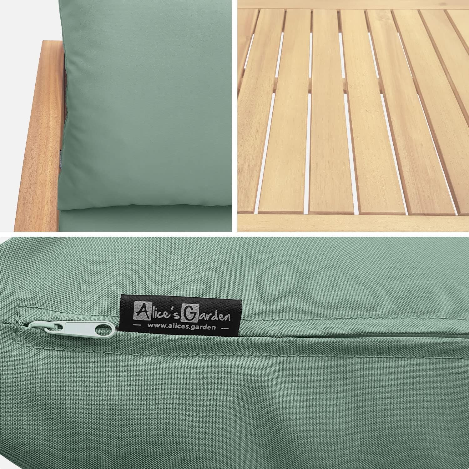 Alice's Garden - Ushuaïa - Salon de jardin bois 4 places, coussins verts, canapé, fauteuils, table basse