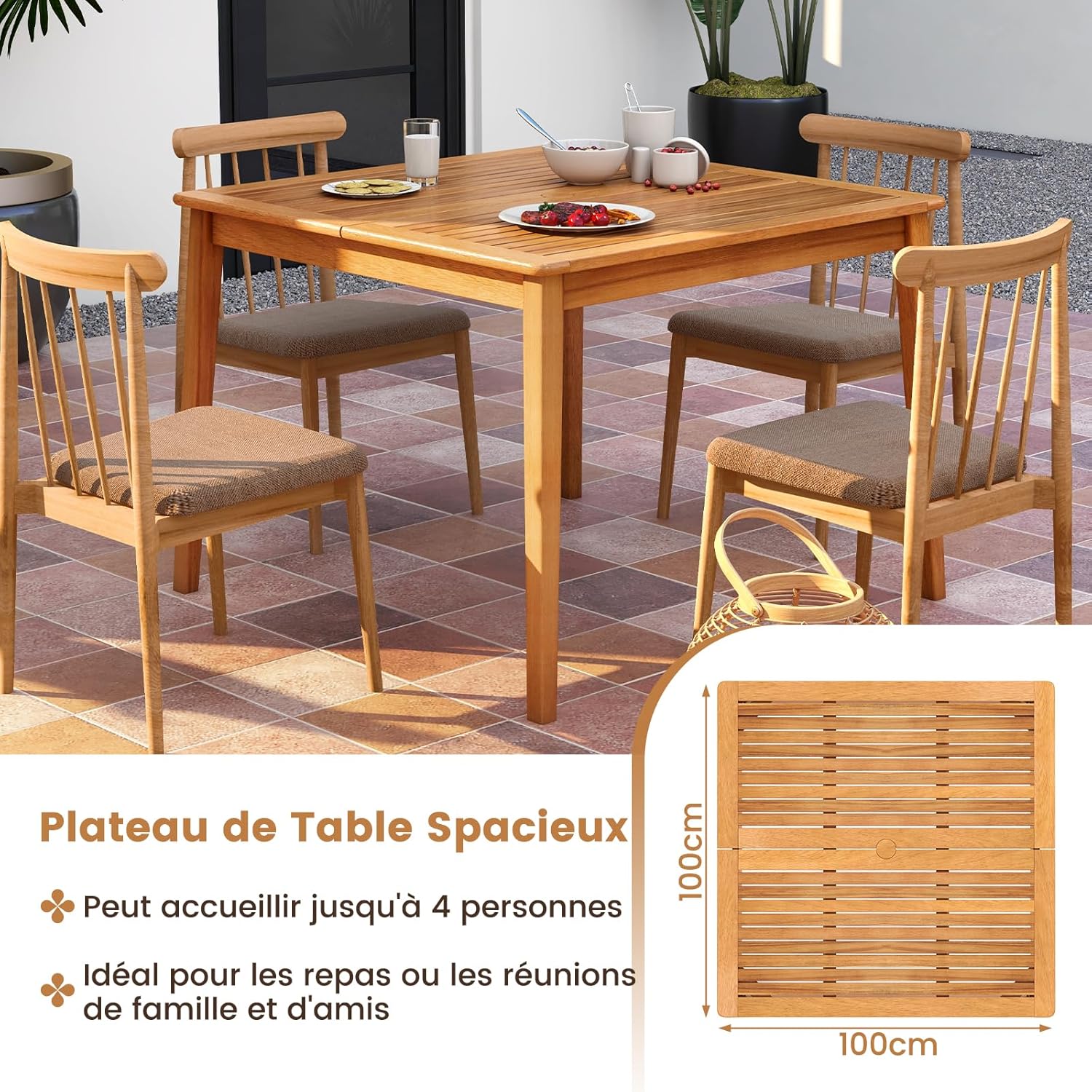 GOPLUS - table de jardin en bois d'acacia 100x100 cm - 4 places, trou pour parasol