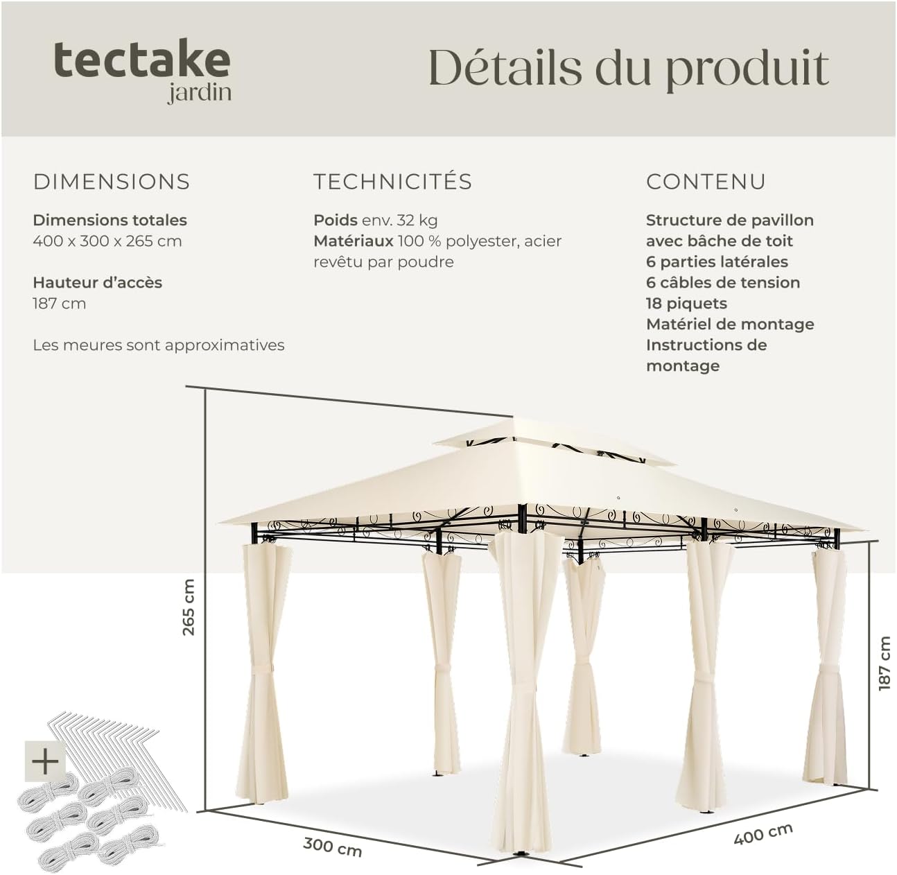tectake - Tonnelle de jardin acier 4x3m imperméable UVP 50+, rideaux