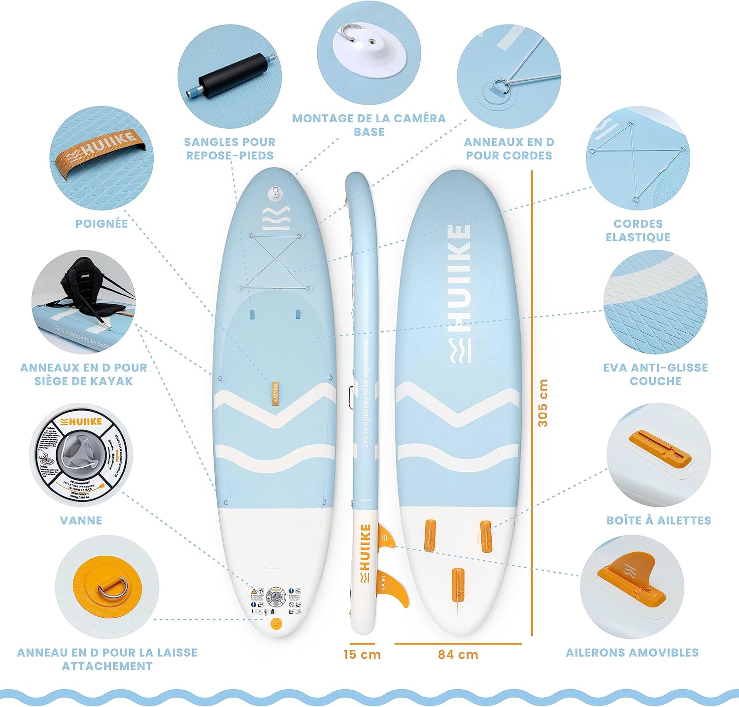 HUIIKE Paddle Gonflable Adulte avec Accessoires Inclus, Pagaie, Ailerons, Pompe. Planche de Stand Up Paddle Grande Stabilité et Résistance. 305 x 84 x 15 cm, Jusqu'à 130 kg