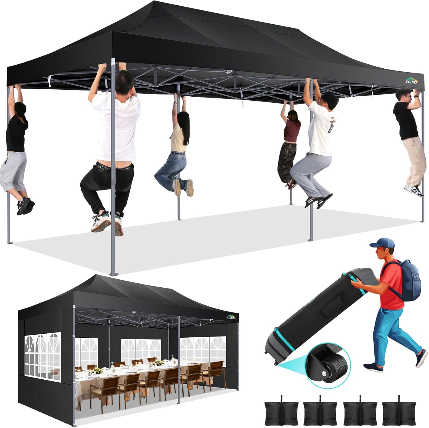 COBIZI - Tente de Réception 3x6m - imperméable, 6 parois, 3 hauteurs, sac roulette