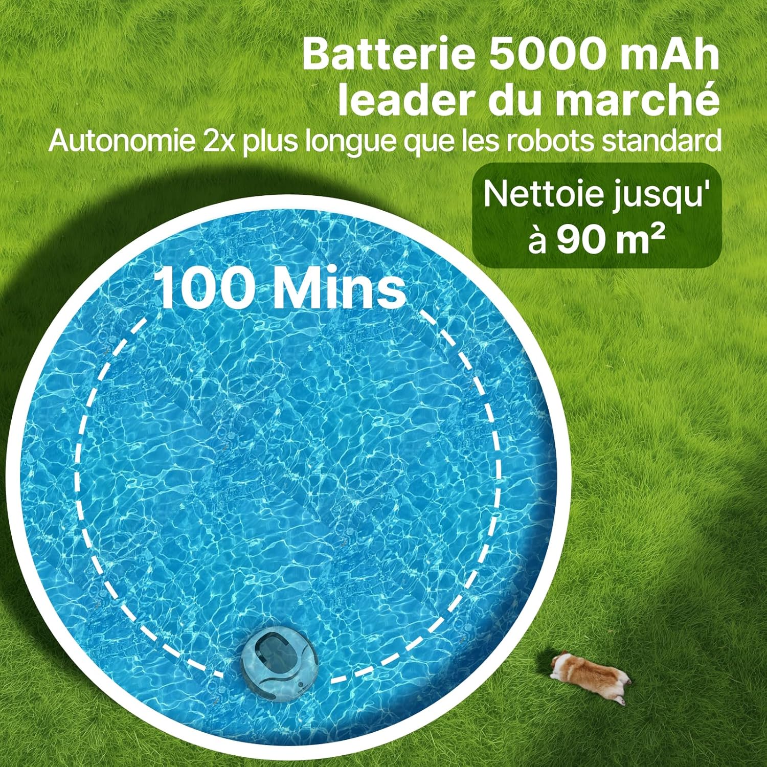 POOLPURE - Robot piscine sans fil, 100min, 5000mAh, 90m², 2026