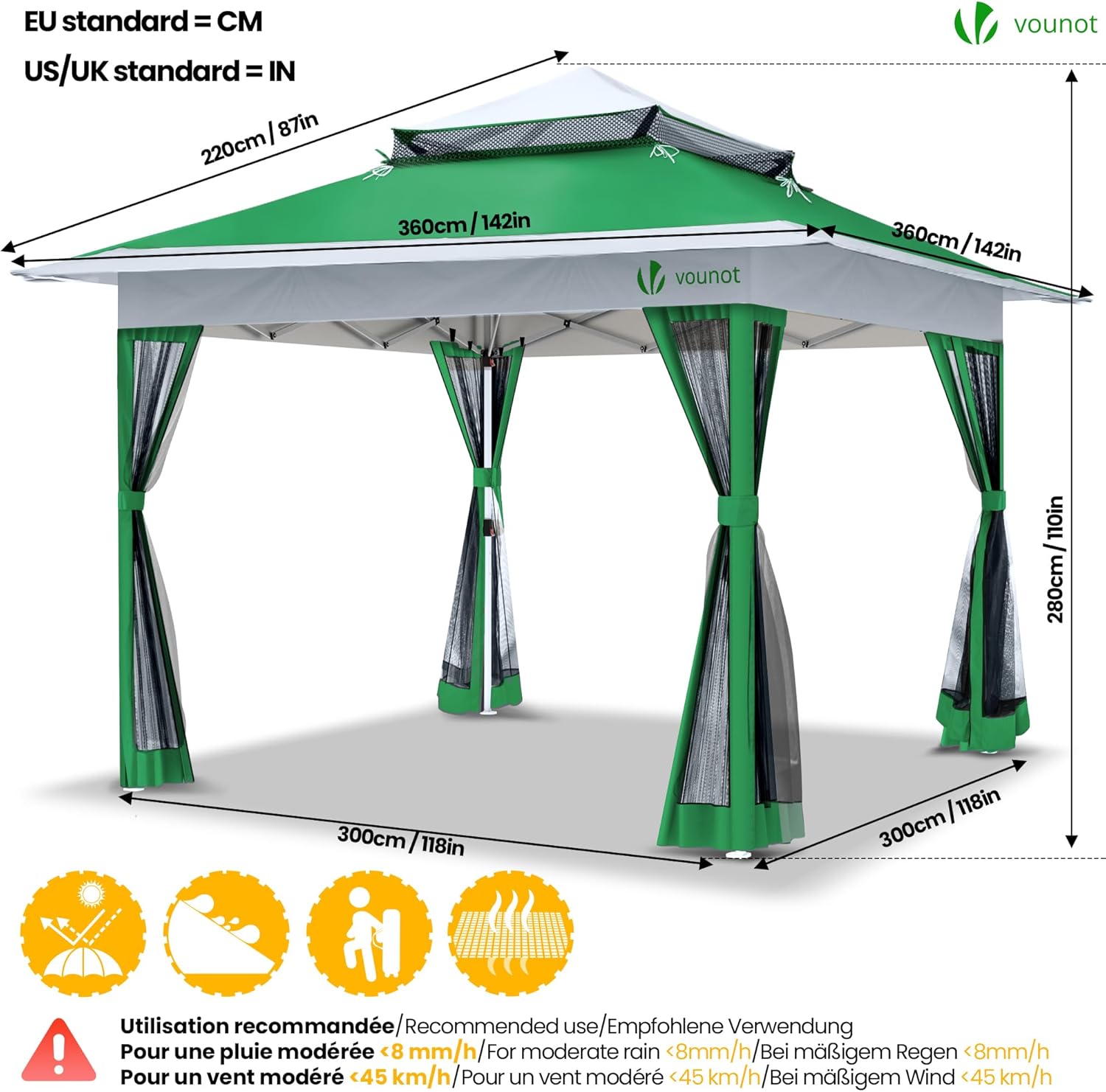 VOUNOT - Tonnelle Jardin Extérieur 3.6x3.6m acier moustiquaire belvédère