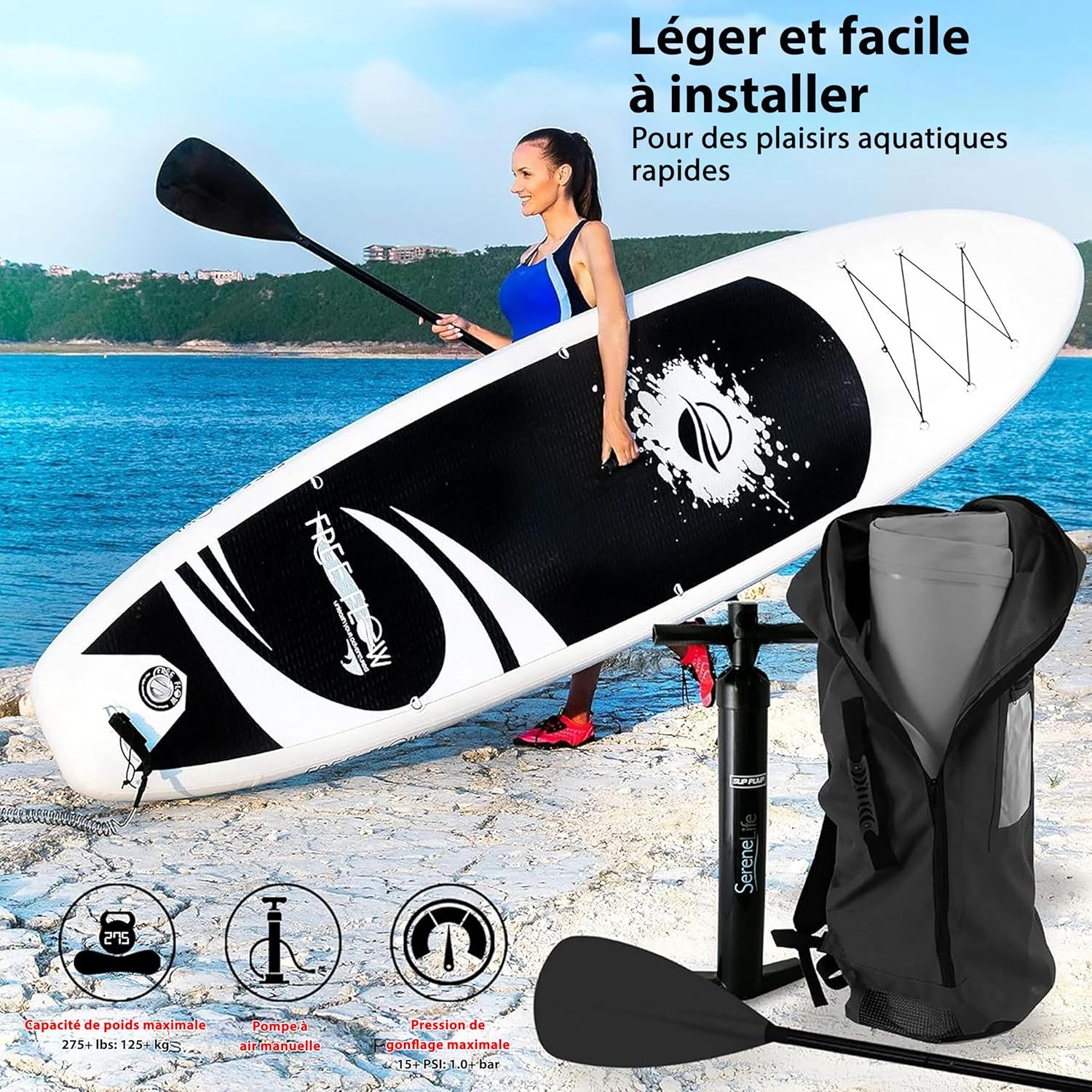 SereneLife Stand Up Paddle Gonflable Adulte 6” – Planche de Paddle avec Accessoires Sup, Sac de Transport, Pont Antidérapant, pour Mer, Lac, Rivière