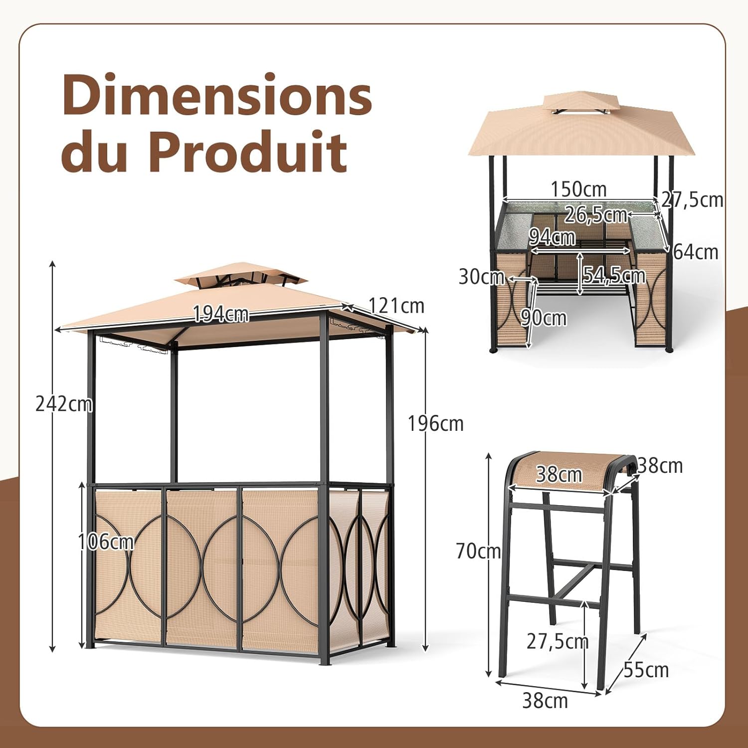 COSTWAY - Tonnelle barbecue avec tabourets, 194x121x242 cm, métal et verre